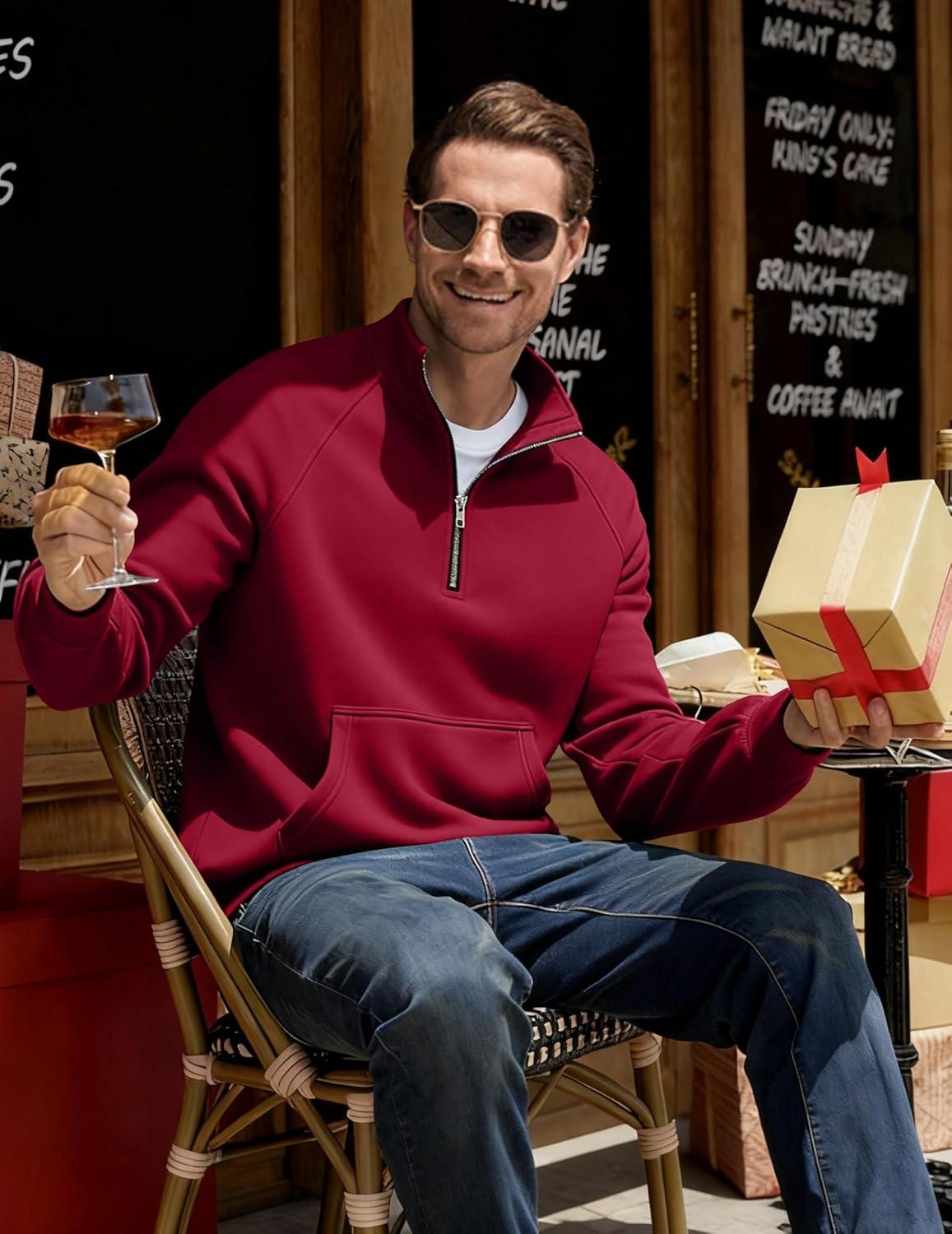 imageJMIERR Mens Fleece Quarter Zip Pullover Sweater Casual Cotton Fall Winter Family Outfit Warm Mock Neck with PocketsB Red