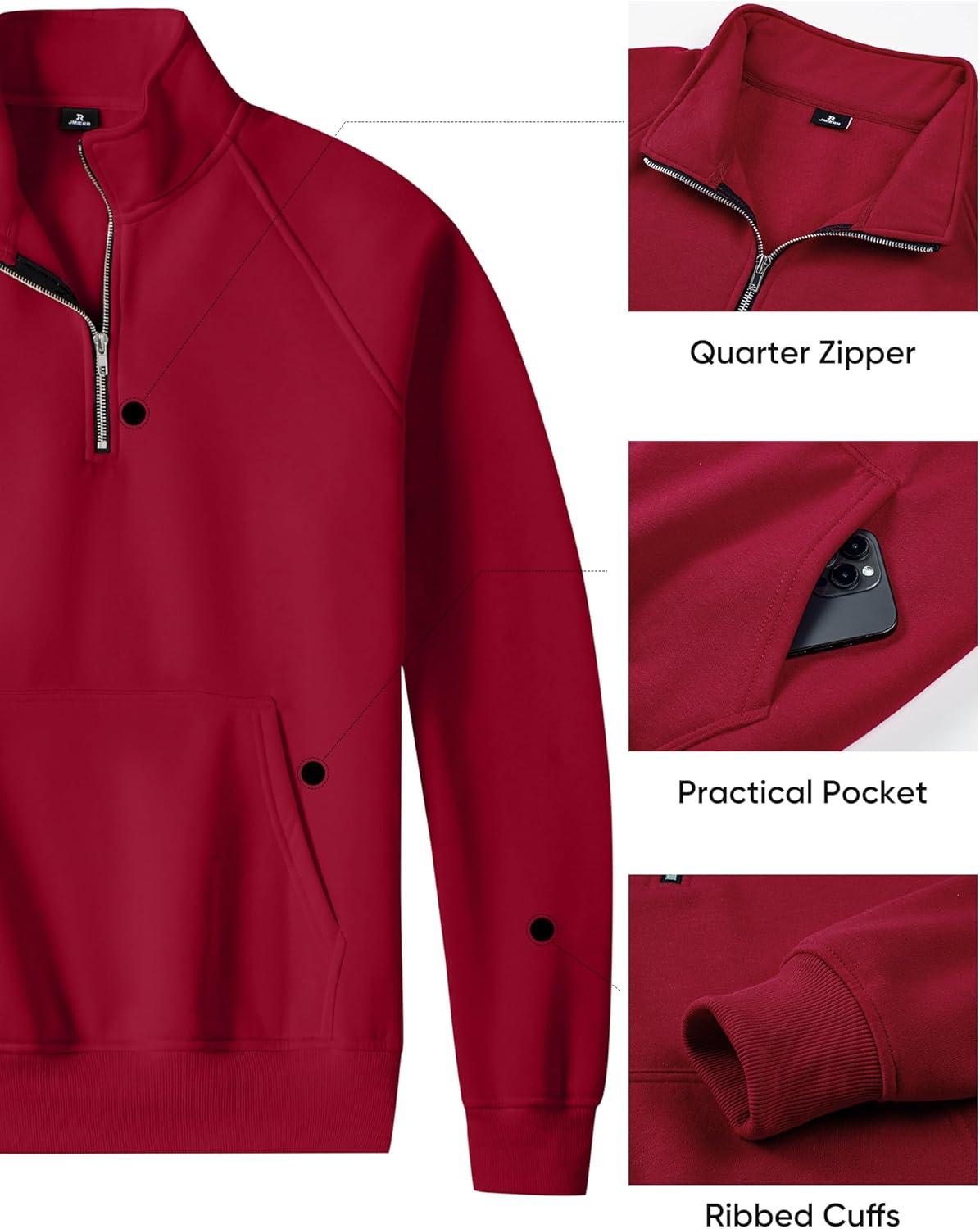 imageJMIERR Mens Fleece Quarter Zip Pullover Sweater Casual Cotton Fall Winter Family Outfit Warm Mock Neck with PocketsB Red