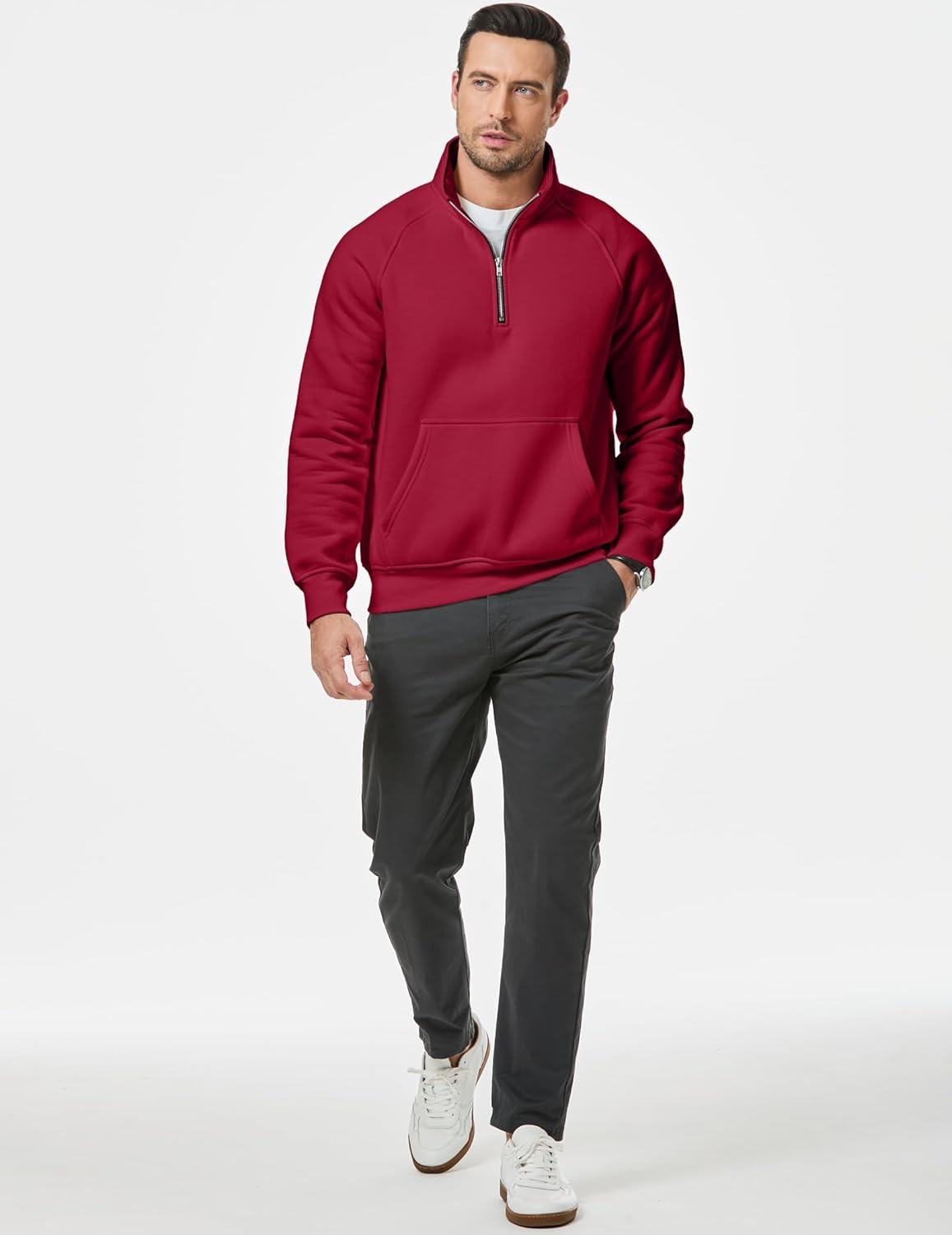 imageJMIERR Mens Fleece Quarter Zip Pullover Sweater Casual Cotton Fall Winter Family Outfit Warm Mock Neck with PocketsB Red