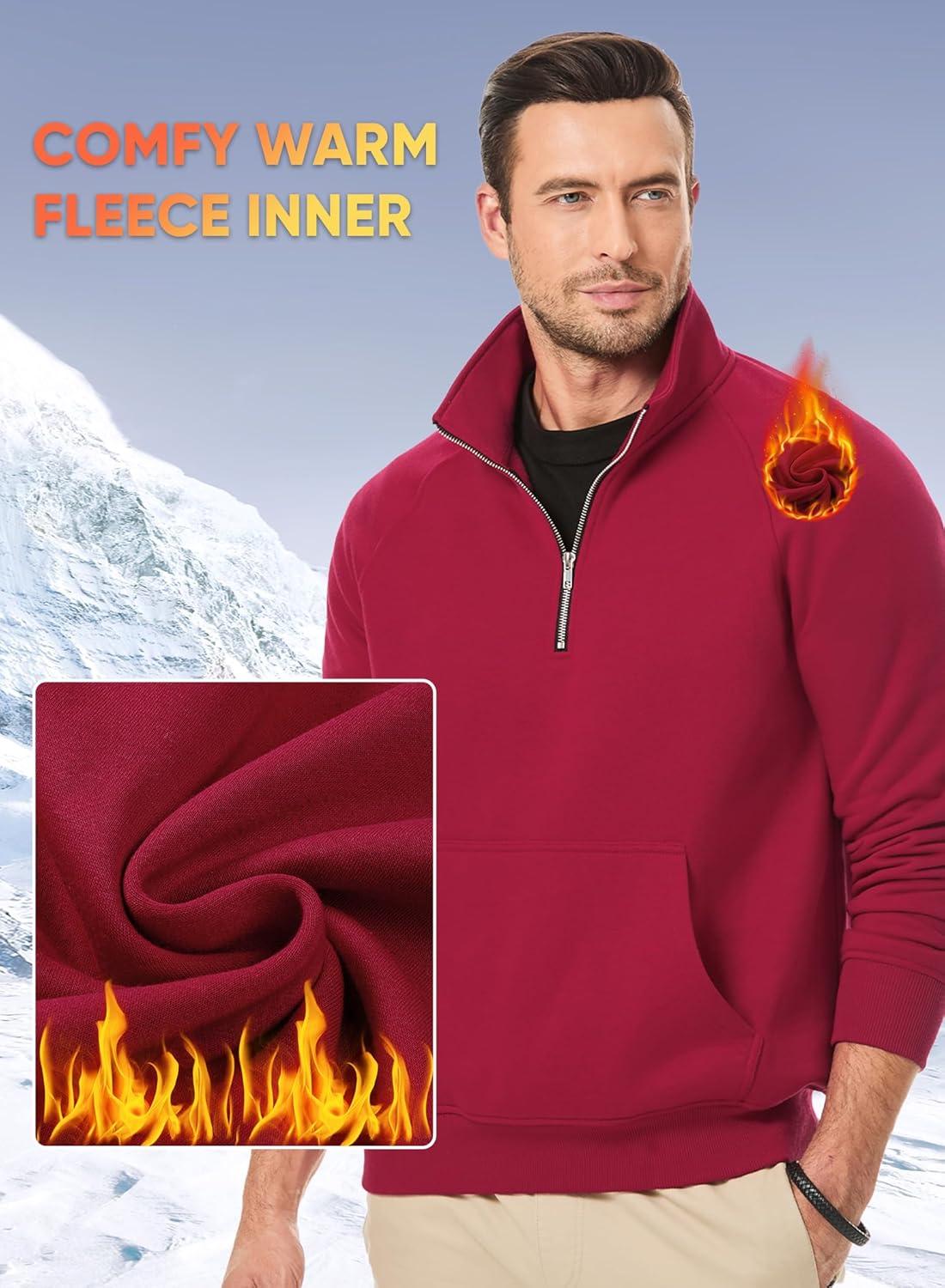 imageJMIERR Mens Fleece Quarter Zip Pullover Sweater Casual Cotton Fall Winter Family Outfit Warm Mock Neck with PocketsB Red
