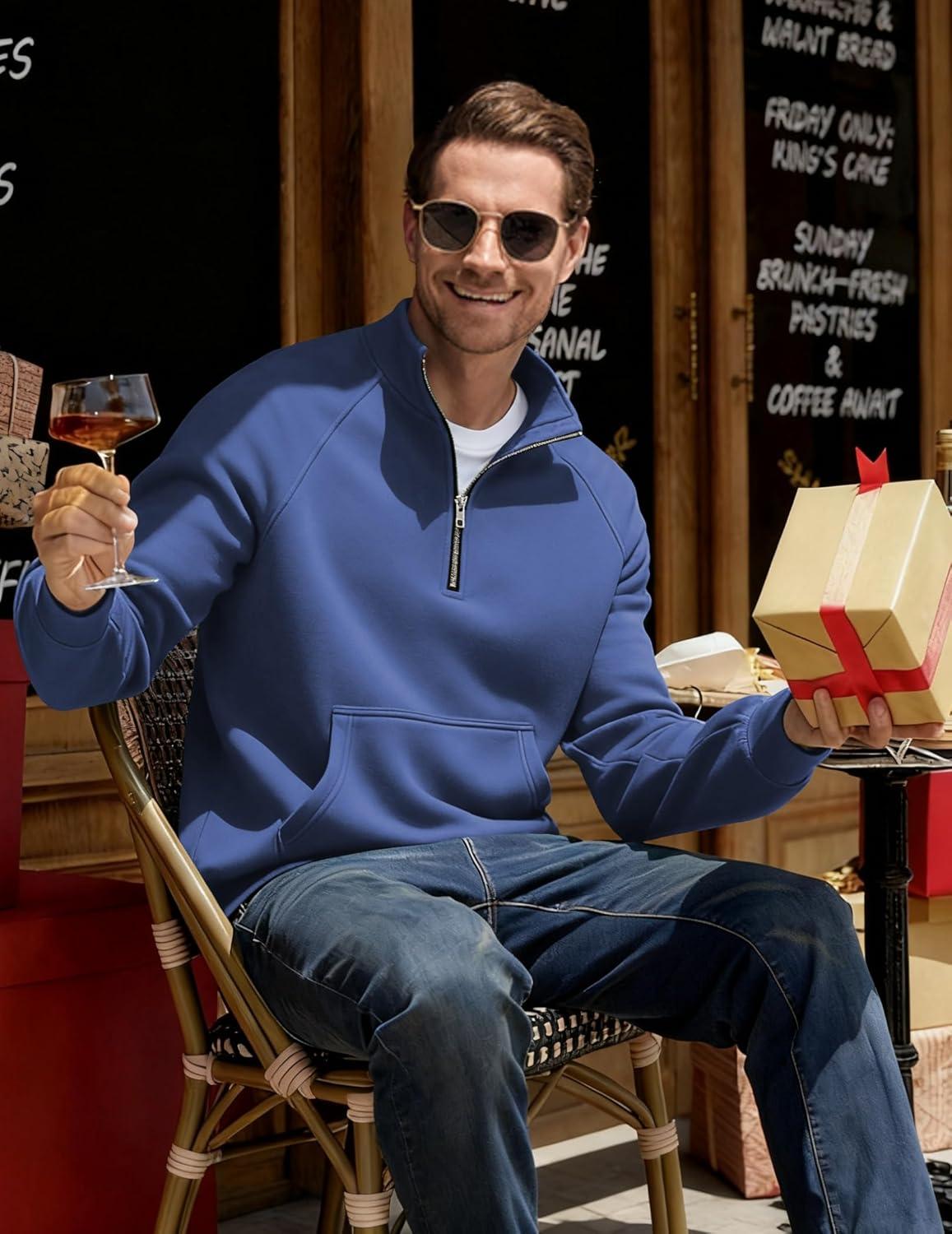 imageJMIERR Mens Fleece Quarter Zip Pullover Sweater Casual Cotton Fall Winter Family Outfit Warm Mock Neck with PocketsC Blue 01