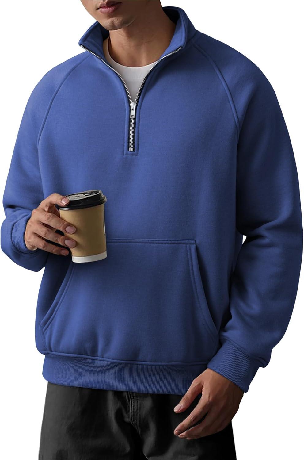 imageJMIERR Mens Fleece Quarter Zip Pullover Sweater Casual Cotton Fall Winter Family Outfit Warm Mock Neck with PocketsC Blue 01