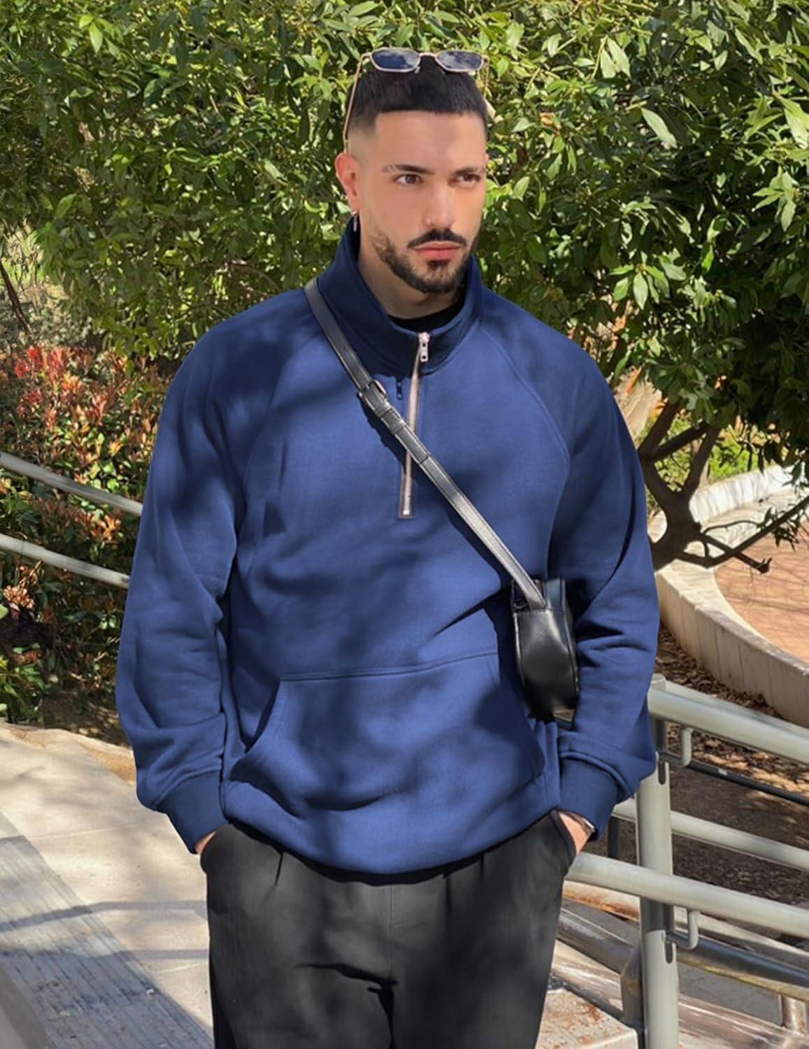 imageJMIERR Mens Fleece Quarter Zip Pullover Sweater Casual Cotton Fall Winter Family Outfit Warm Mock Neck with PocketsC Blue 01