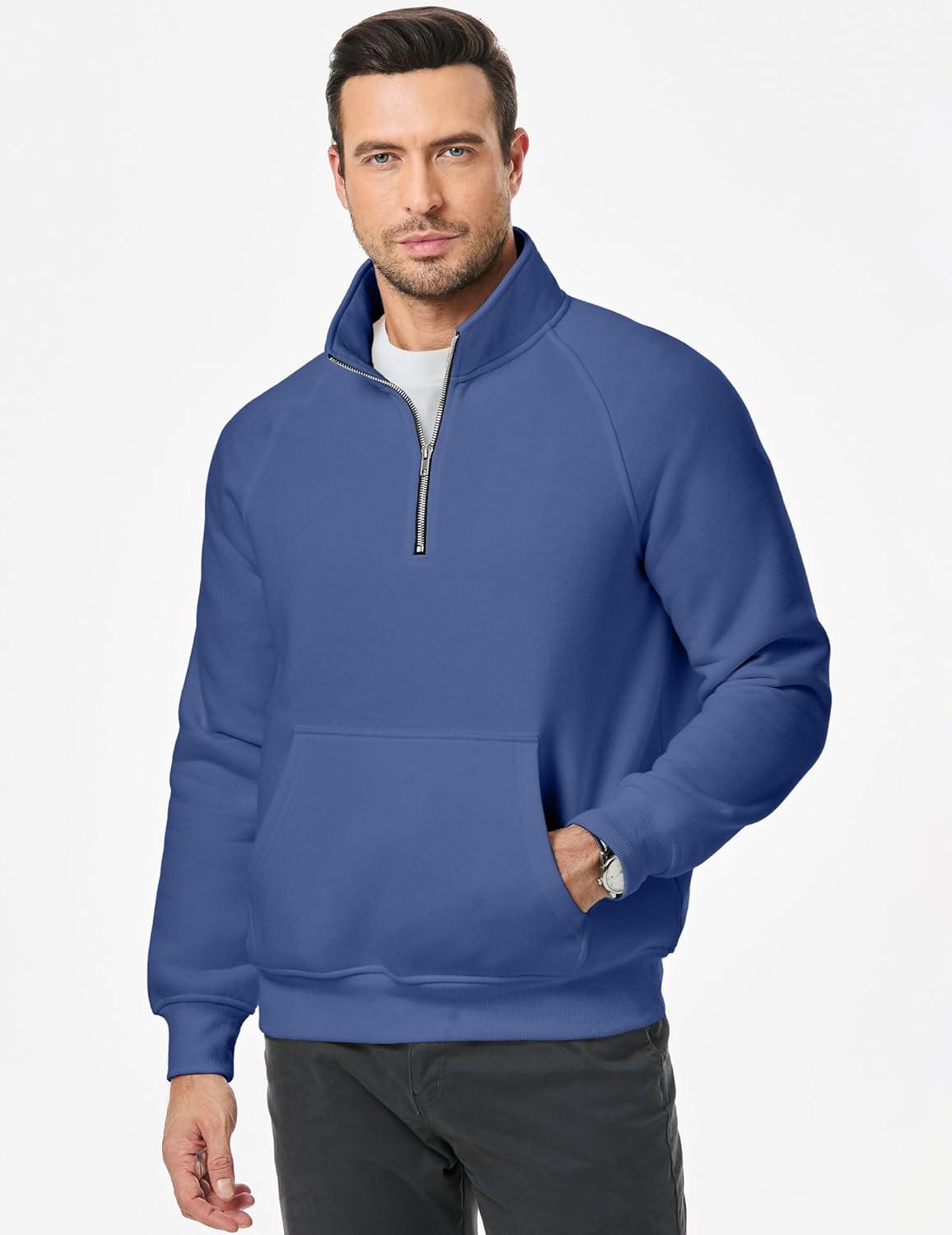 imageJMIERR Mens Fleece Quarter Zip Pullover Sweater Casual Cotton Fall Winter Family Outfit Warm Mock Neck with PocketsC Blue 01