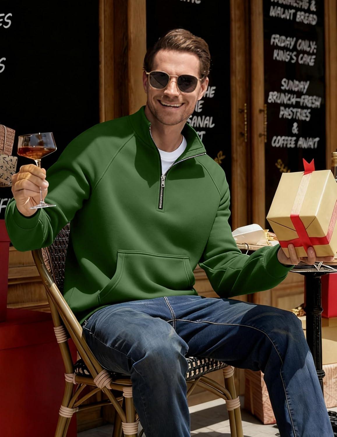 imageJMIERR Mens Fleece Quarter Zip Pullover Sweater Casual Cotton Fall Winter Family Outfit Warm Mock Neck with PocketsC Green