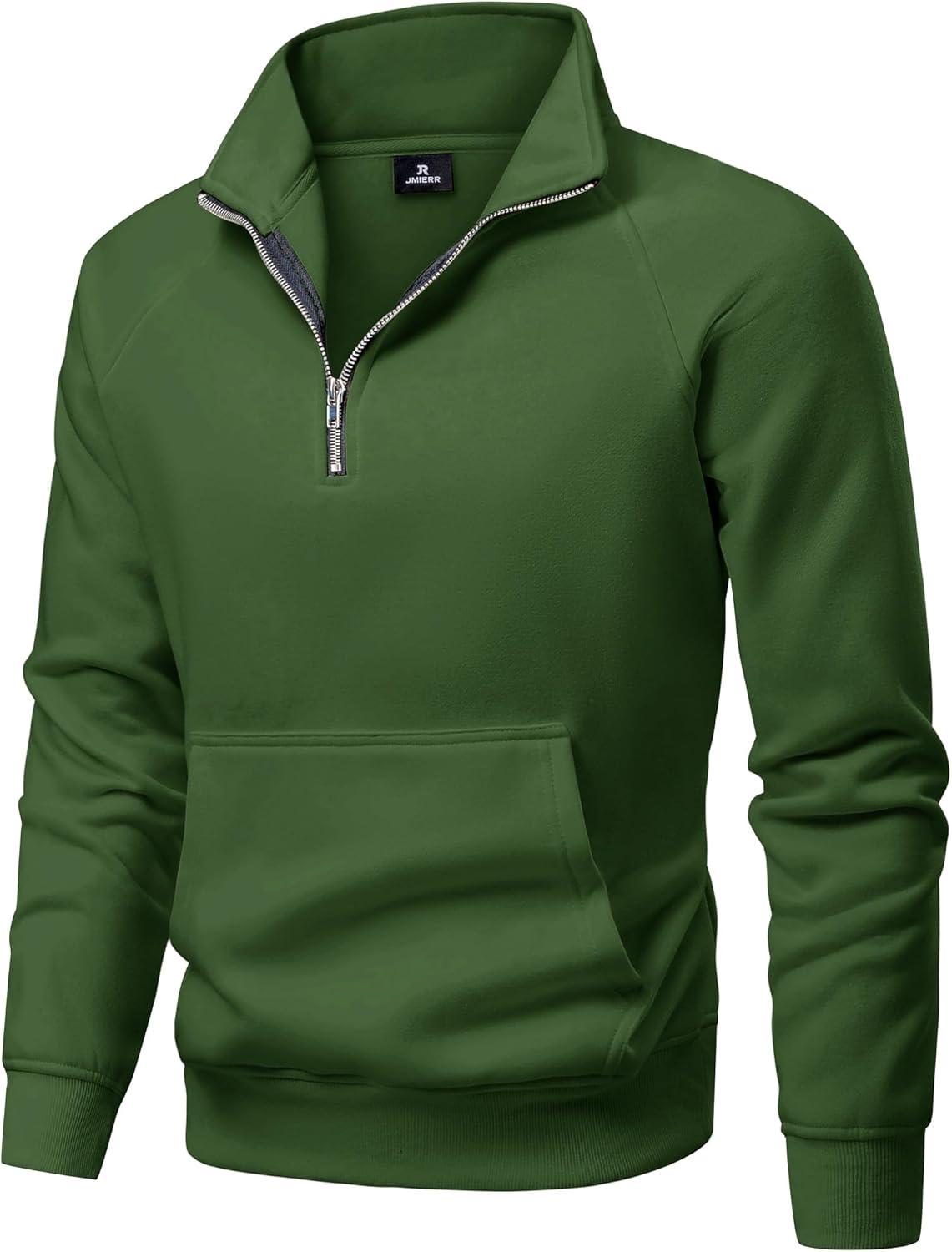 imageJMIERR Mens Fleece Quarter Zip Pullover Sweater Casual Cotton Fall Winter Family Outfit Warm Mock Neck with PocketsC Green