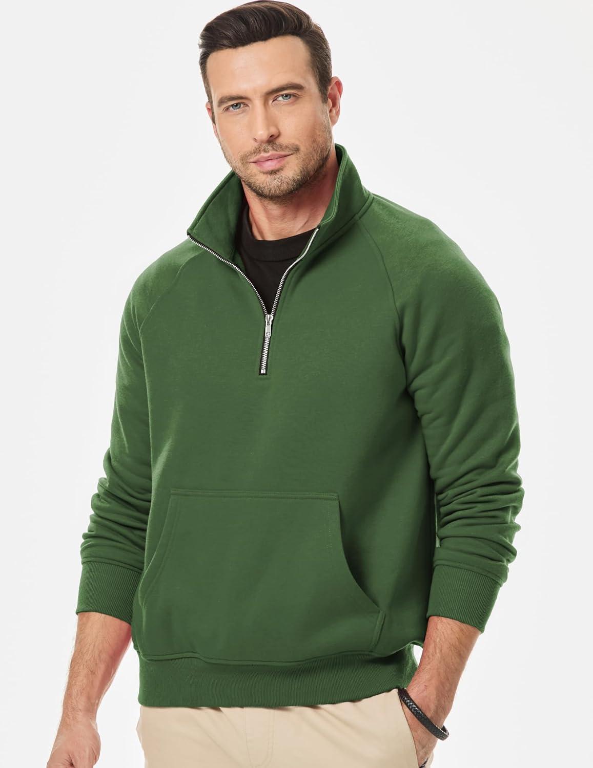 imageJMIERR Mens Fleece Quarter Zip Pullover Sweater Casual Cotton Fall Winter Family Outfit Warm Mock Neck with PocketsC Green