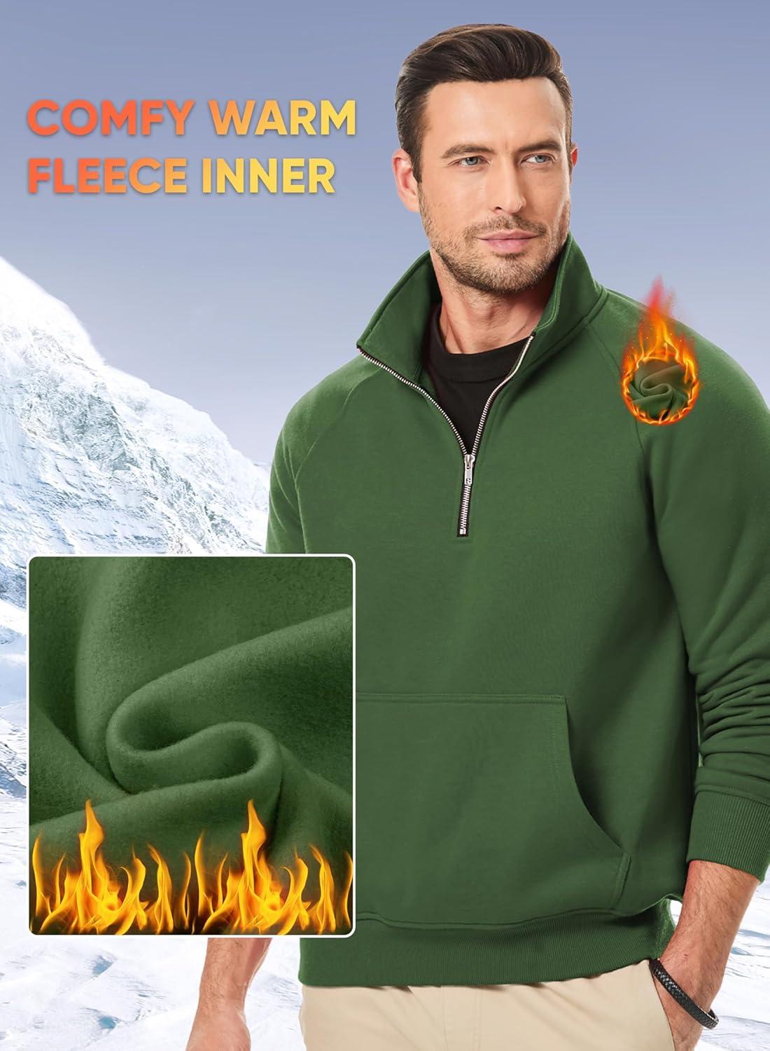 imageJMIERR Mens Fleece Quarter Zip Pullover Sweater Casual Cotton Fall Winter Family Outfit Warm Mock Neck with PocketsC Green