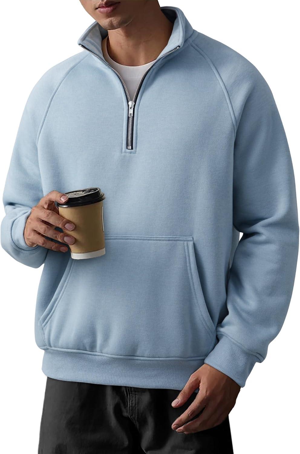 imageJMIERR Mens Fleece Quarter Zip Pullover Sweater Casual Cotton Fall Winter Family Outfit Warm Mock Neck with PocketsC Light Blue