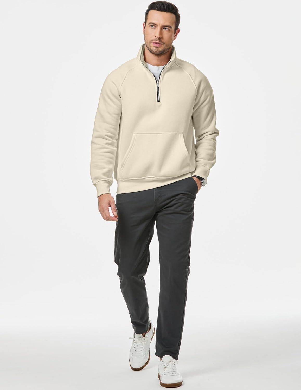 imageJMIERR Mens Fleece Quarter Zip Pullover Sweater Casual Cotton Fall Winter Family Outfit Warm Mock Neck with PocketsC Offwhite