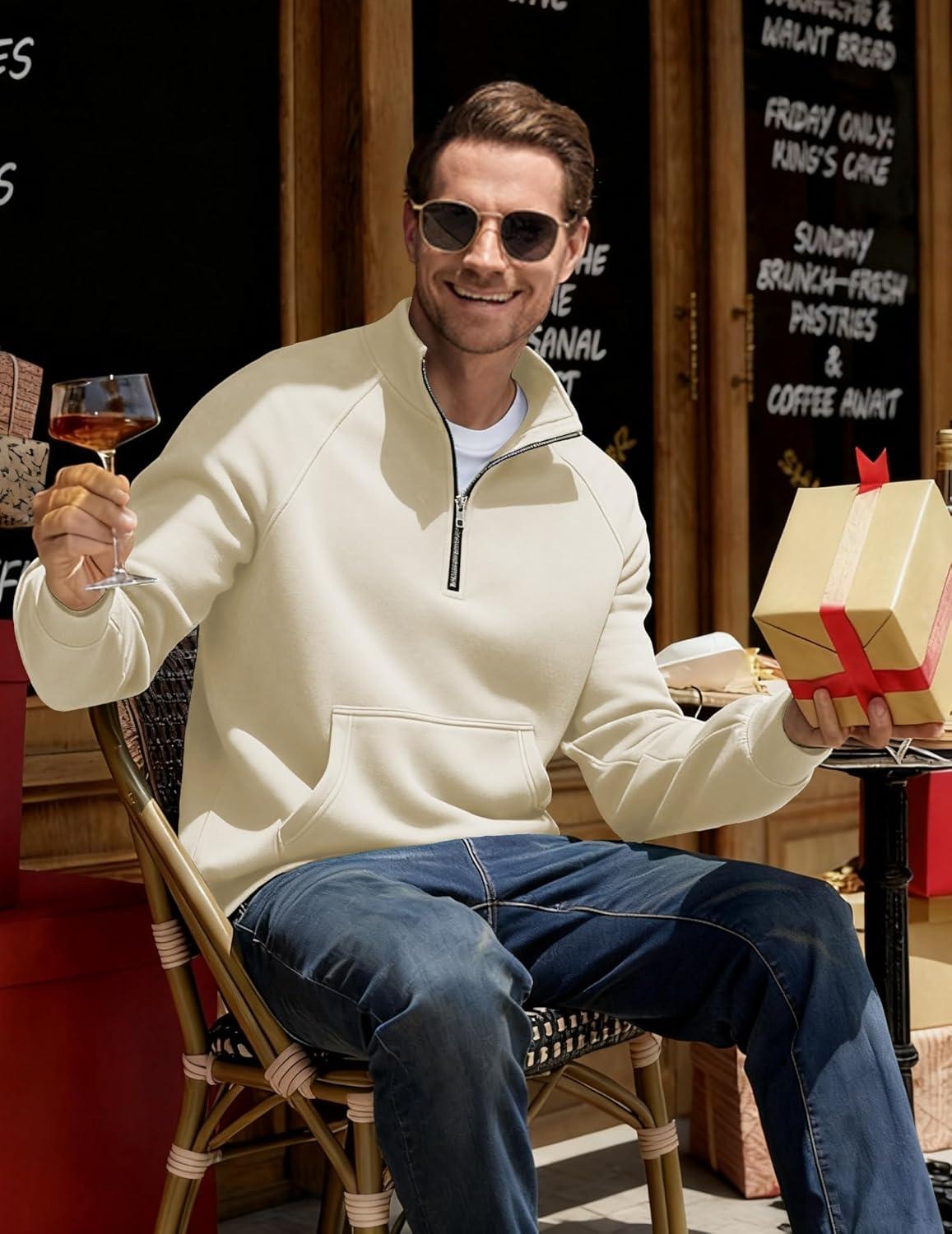 imageJMIERR Mens Fleece Quarter Zip Pullover Sweater Casual Cotton Fall Winter Family Outfit Warm Mock Neck with PocketsC Offwhite