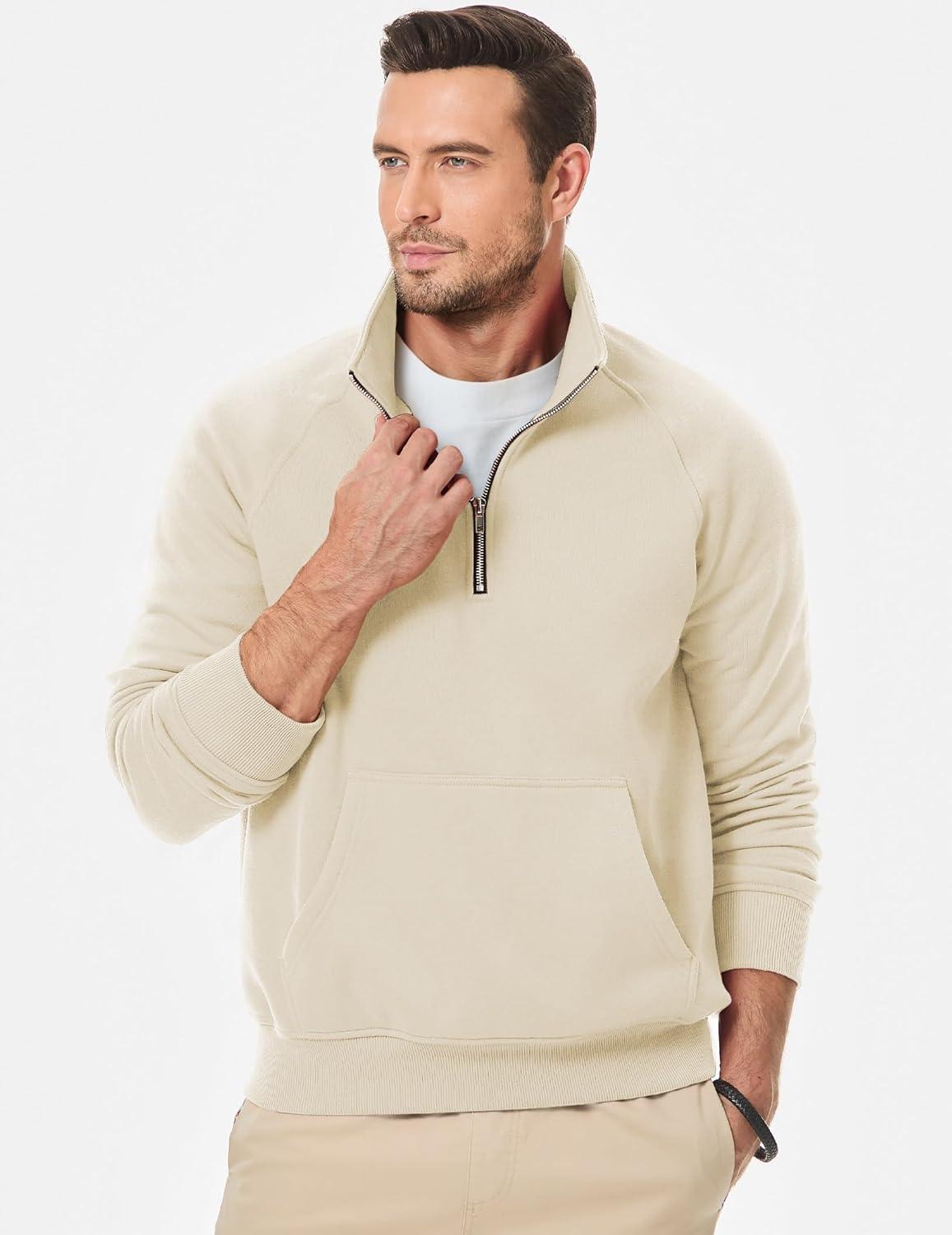 imageJMIERR Mens Fleece Quarter Zip Pullover Sweater Casual Cotton Fall Winter Family Outfit Warm Mock Neck with PocketsC Offwhite