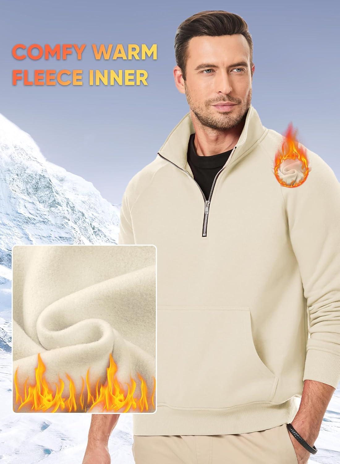 imageJMIERR Mens Fleece Quarter Zip Pullover Sweater Casual Cotton Fall Winter Family Outfit Warm Mock Neck with PocketsC Offwhite