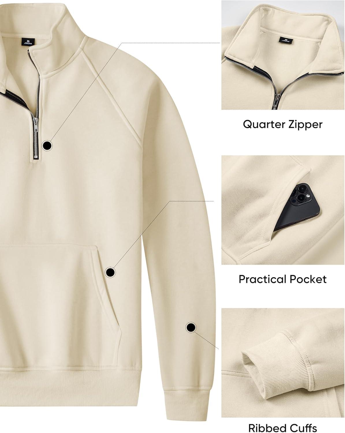 imageJMIERR Mens Fleece Quarter Zip Pullover Sweater Casual Cotton Fall Winter Family Outfit Warm Mock Neck with PocketsC Offwhite