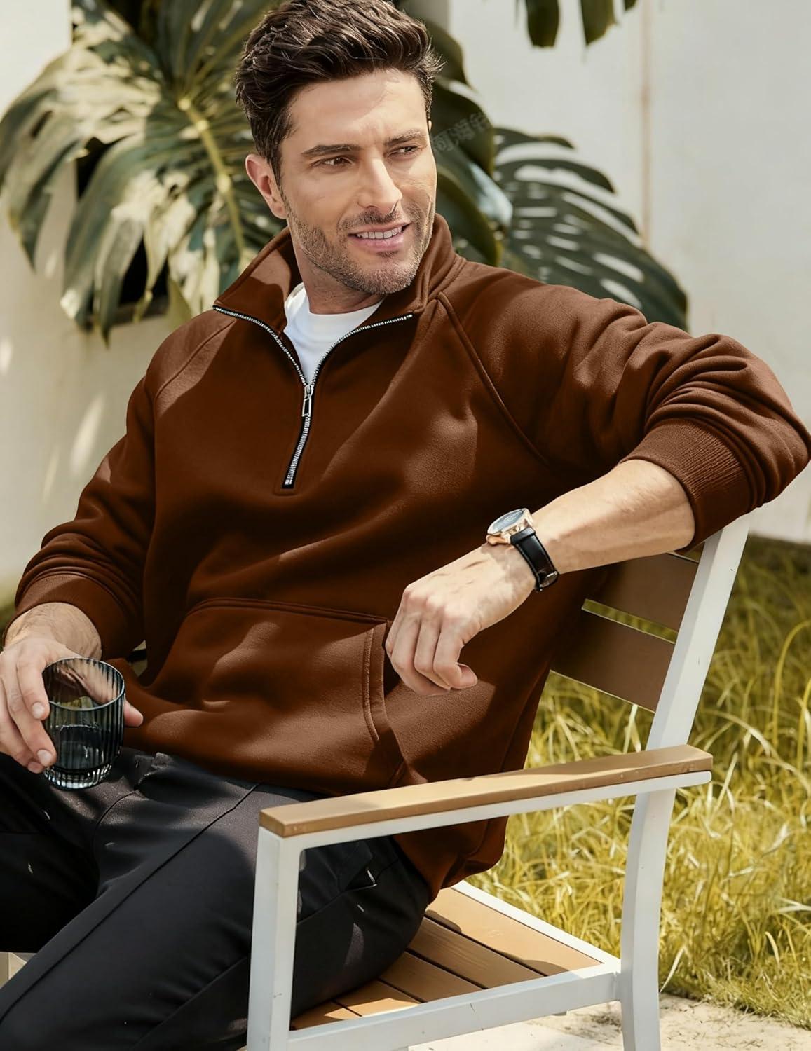 imageJMIERR Mens Fleece Quarter Zip Pullover Sweater Casual Cotton Fall Winter Family Outfit Warm Mock Neck with PocketsD Brown