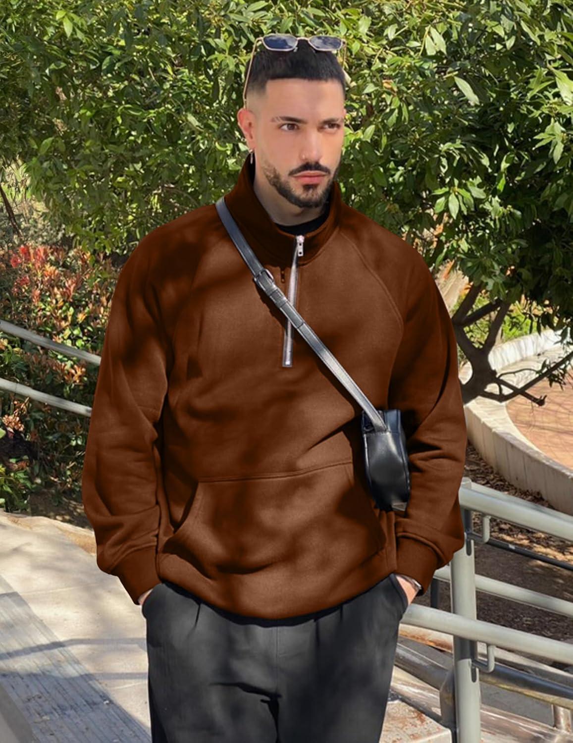 imageJMIERR Mens Fleece Quarter Zip Pullover Sweater Casual Cotton Fall Winter Family Outfit Warm Mock Neck with PocketsD Brown