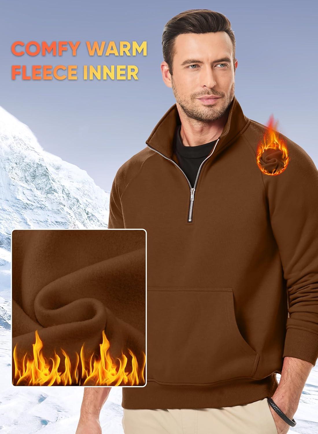 imageJMIERR Mens Fleece Quarter Zip Pullover Sweater Casual Cotton Fall Winter Family Outfit Warm Mock Neck with PocketsD Brown