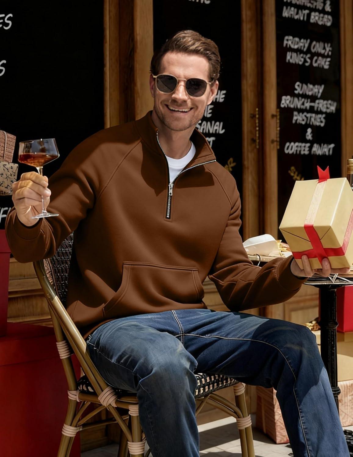 imageJMIERR Mens Fleece Quarter Zip Pullover Sweater Casual Cotton Fall Winter Family Outfit Warm Mock Neck with PocketsD Brown