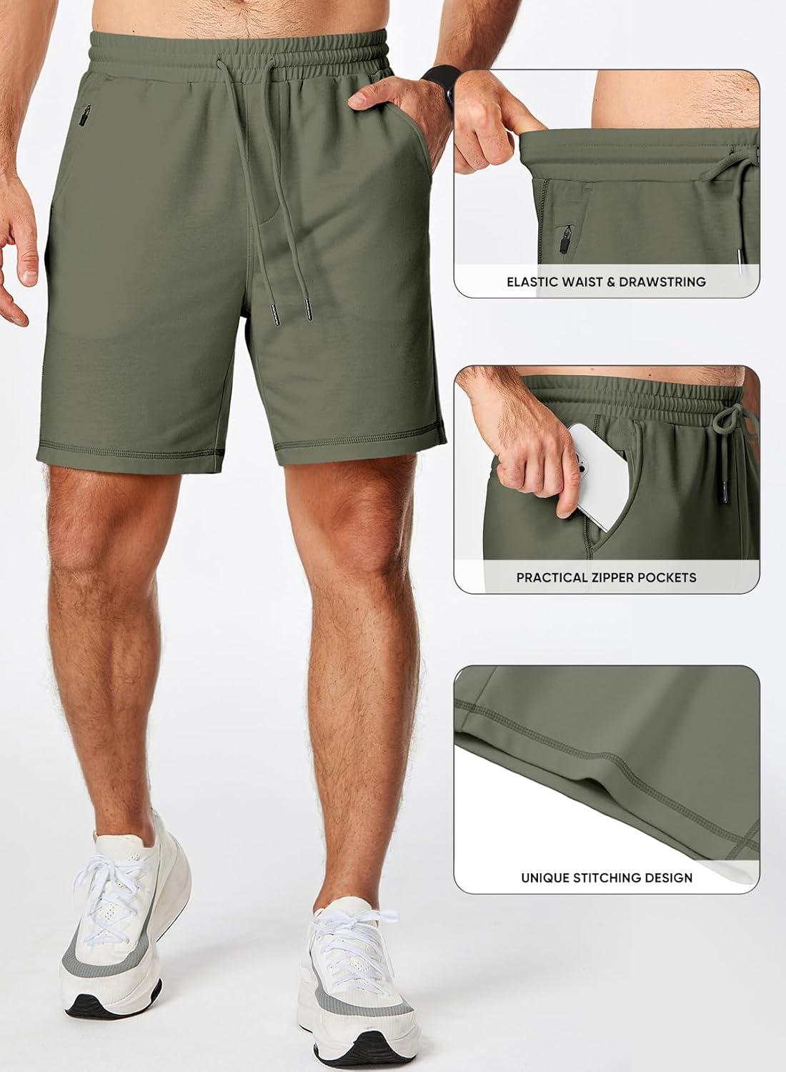 imageJMIERR Mens Gym Shorts Cotton 7quot Running Comfy Workout Shorts Zipper Pocket Sweat ShortsA Green