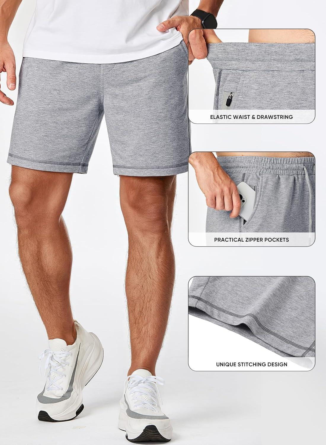 imageJMIERR Mens Gym Shorts Cotton 7quot Running Comfy Workout Shorts Zipper Pocket Sweat ShortsC Grey