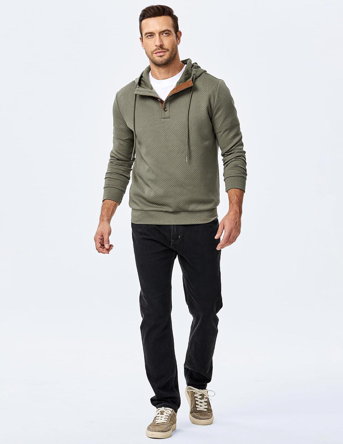 imageJMIERR Mens Hoodies Fall Casual Cotton Textured Long Sleeve Half Button Pullover Hooded SweatshirtsJungle Green