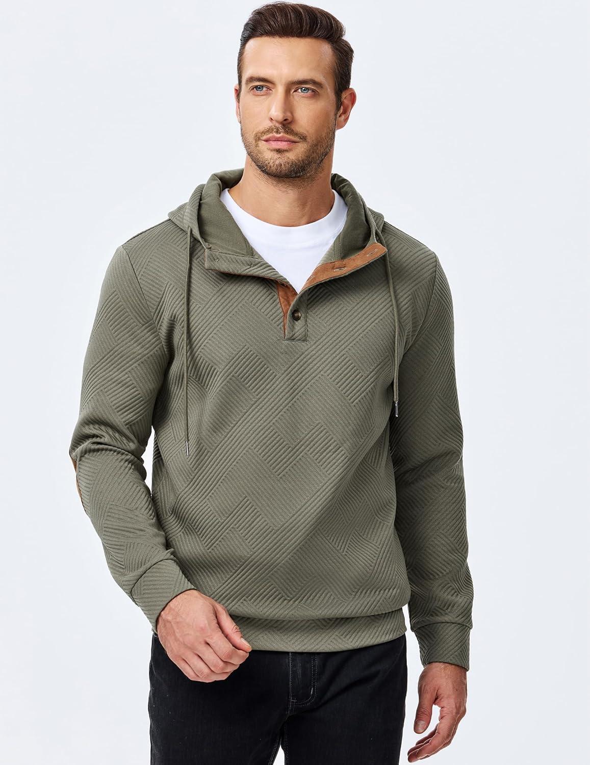 imageJMIERR Mens Hoodies Fall Casual Cotton Textured Long Sleeve Half Button Pullover Hooded SweatshirtsJungle Green