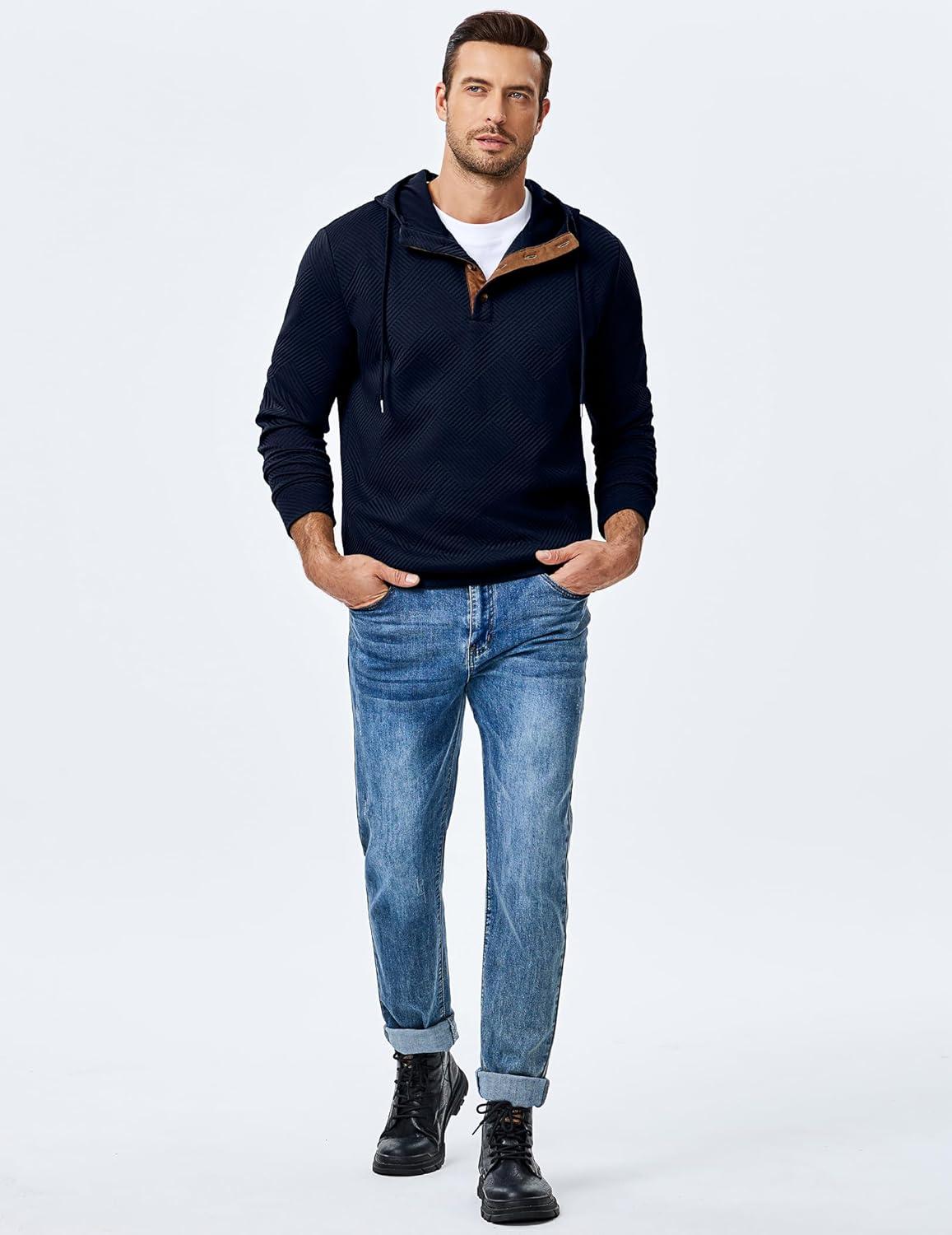 imageJMIERR Mens Hoodies Fall Casual Cotton Textured Long Sleeve Half Button Pullover Hooded SweatshirtsNavy Blue