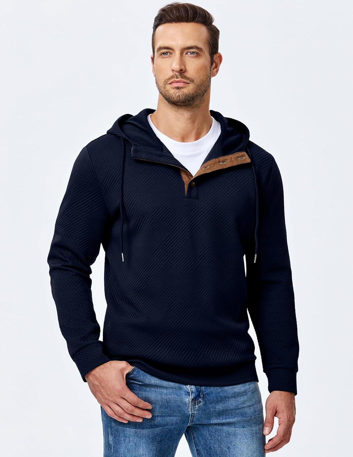 imageJMIERR Mens Hoodies Fall Casual Cotton Textured Long Sleeve Half Button Pullover Hooded SweatshirtsNavy Blue