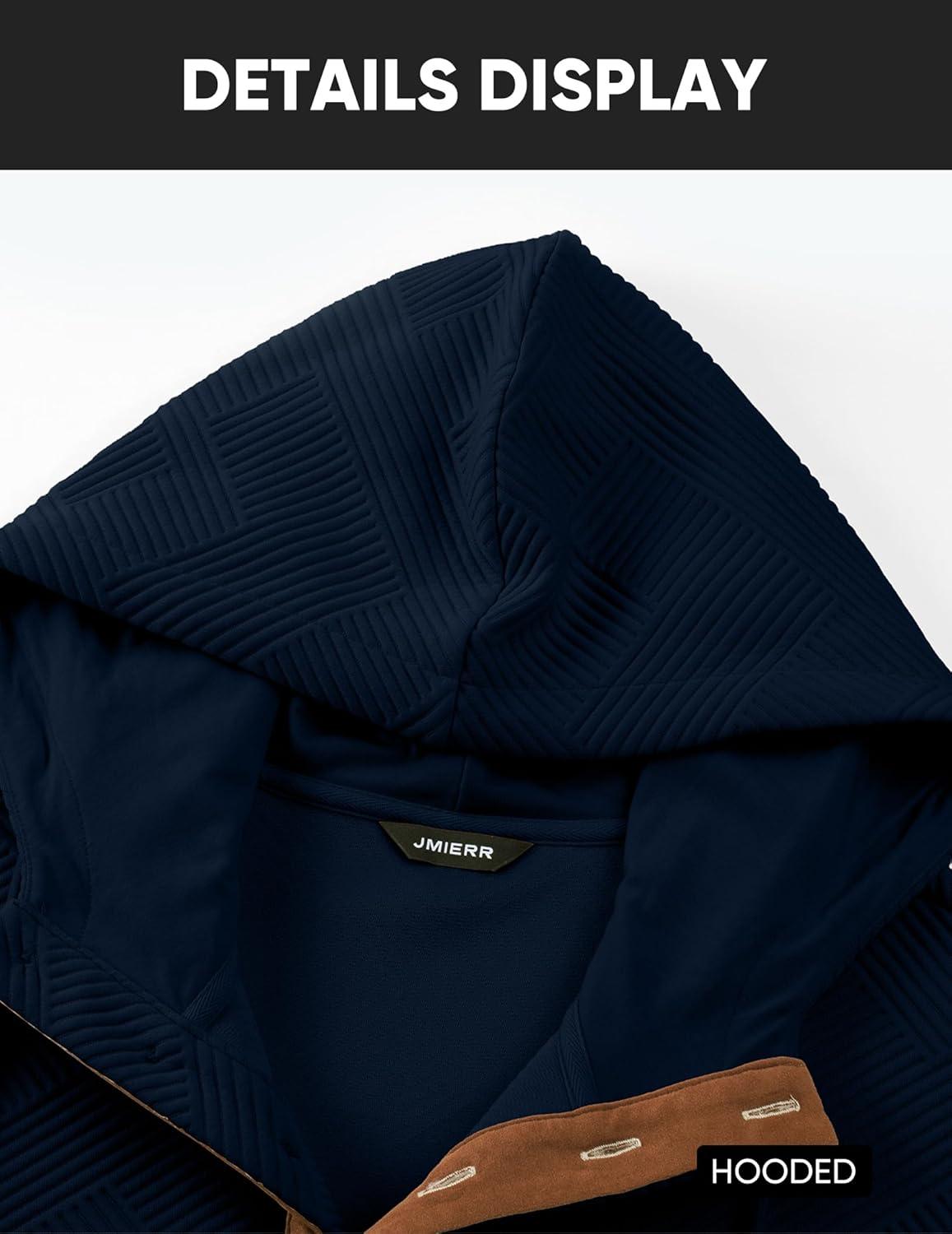 imageJMIERR Mens Hoodies Fall Casual Cotton Textured Long Sleeve Half Button Pullover Hooded SweatshirtsNavy Blue