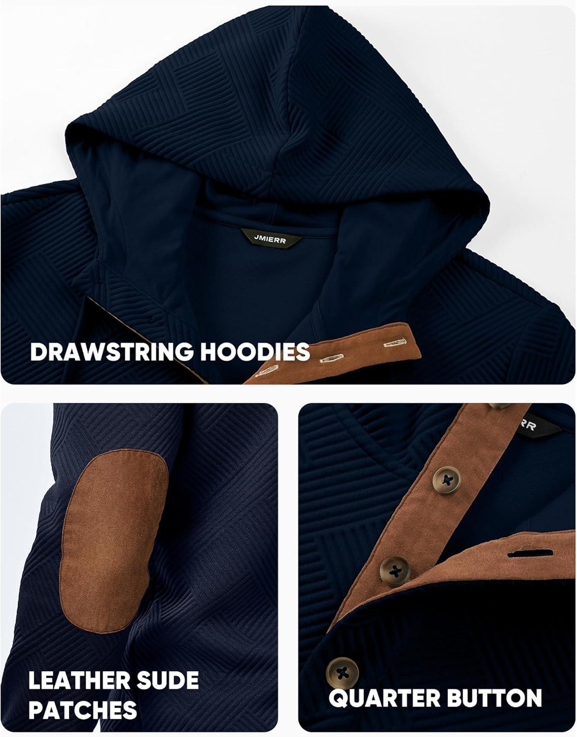 imageJMIERR Mens Hoodies Fall Casual Cotton Textured Long Sleeve Half Button Pullover Hooded SweatshirtsNavy Blue