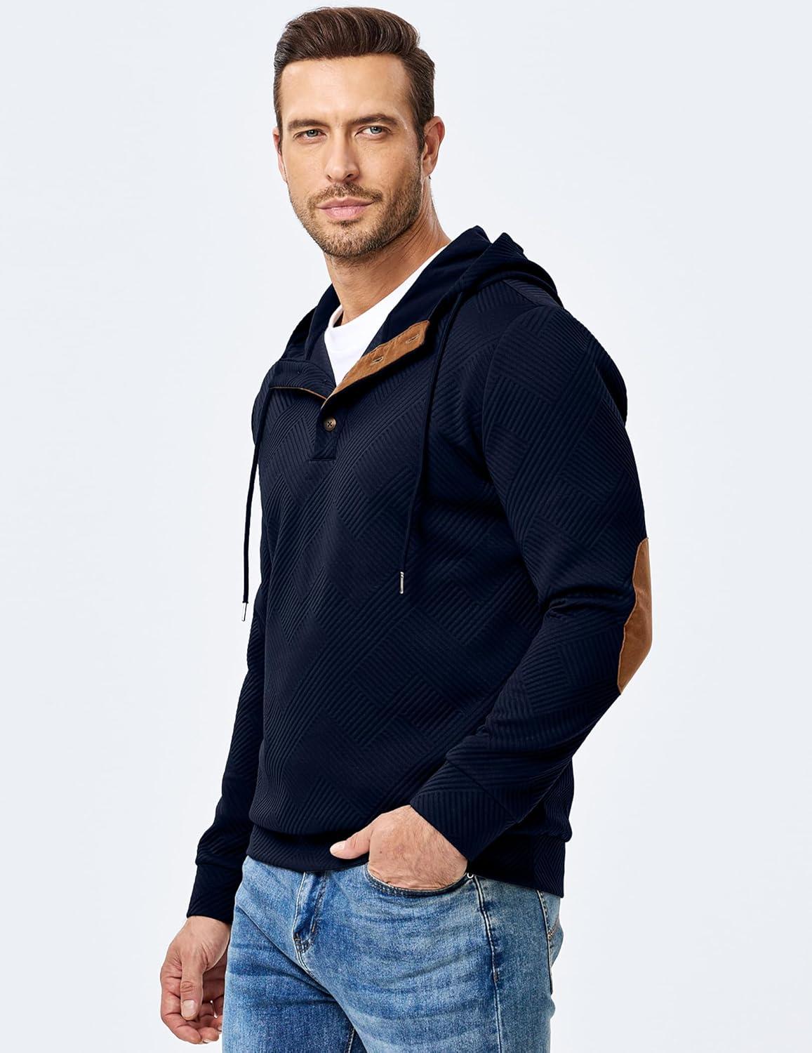 imageJMIERR Mens Hoodies Fall Casual Cotton Textured Long Sleeve Half Button Pullover Hooded SweatshirtsNavy Blue