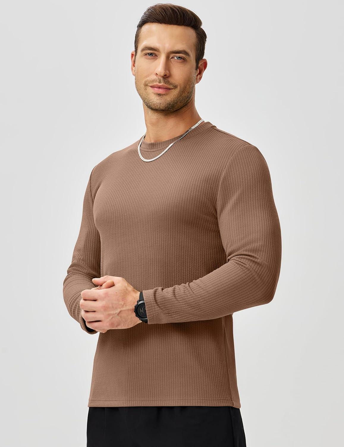 imageJMIERR Mens Long Sleeve Muscle T Shirts Casual Crewneck Knitted Longline Textured Tee Shirts for Gym WorkoutCamel