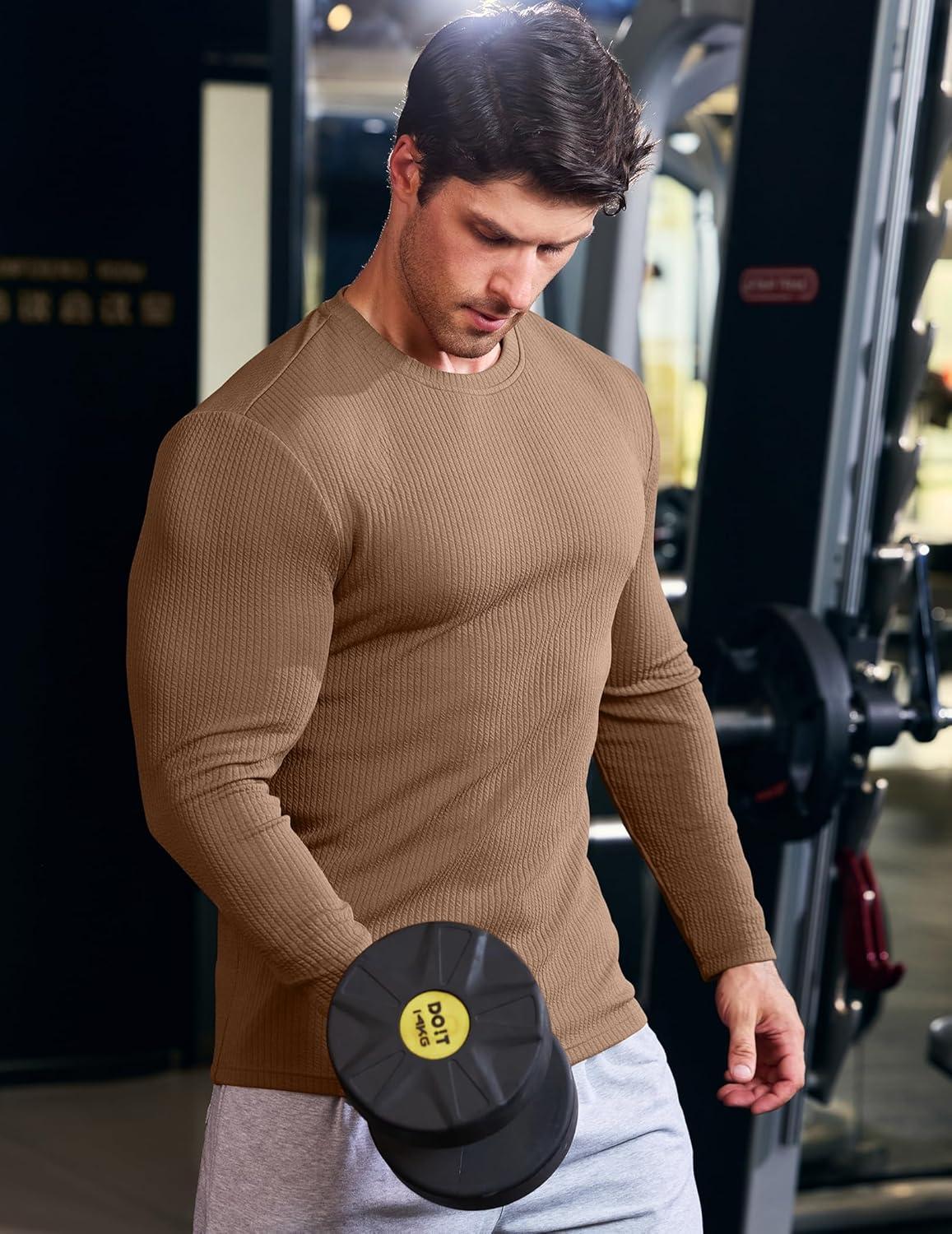 imageJMIERR Mens Long Sleeve Muscle T Shirts Casual Crewneck Knitted Longline Textured Tee Shirts for Gym WorkoutCamel