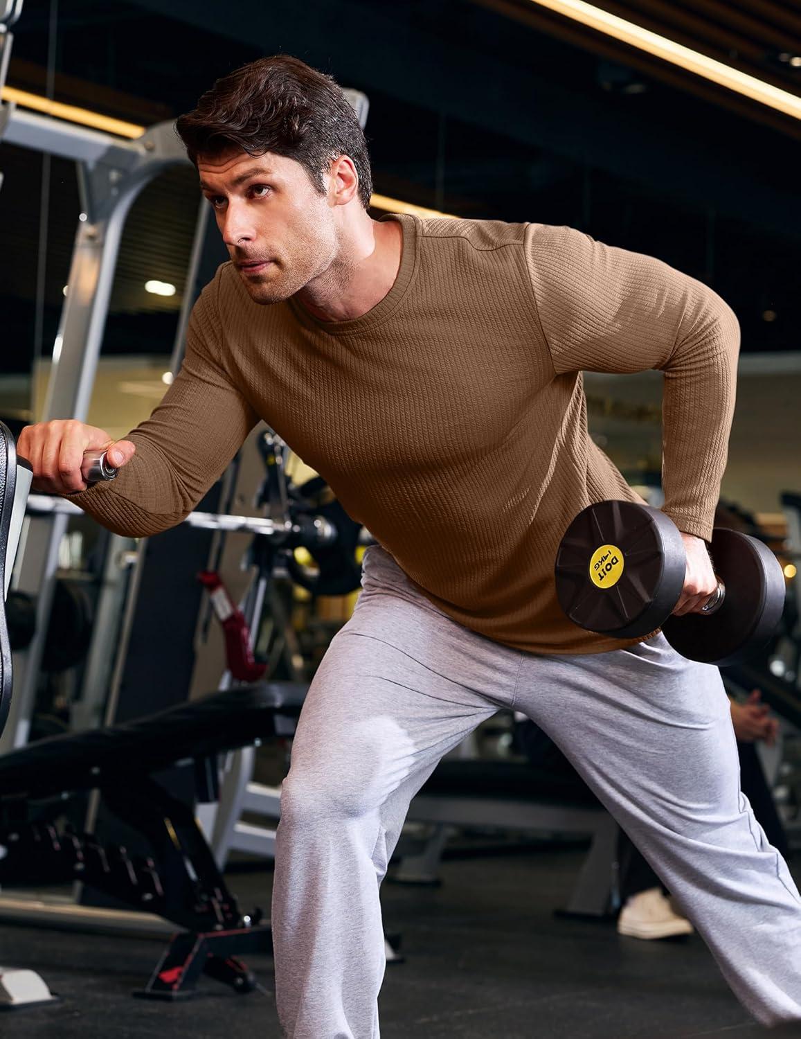 imageJMIERR Mens Long Sleeve Muscle T Shirts Casual Crewneck Knitted Longline Textured Tee Shirts for Gym WorkoutCamel