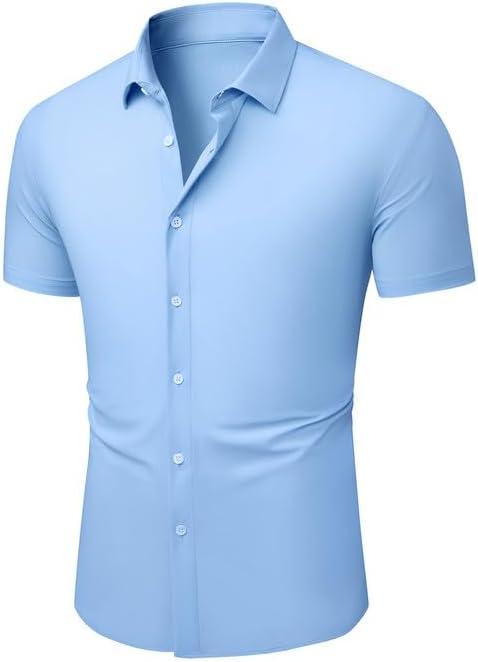 imageJMIERR Mens Muscle Fit Dress Shirts Summer Casual Button Down Short Sleeve High Stretch WrinkleFree ShirtA Blue