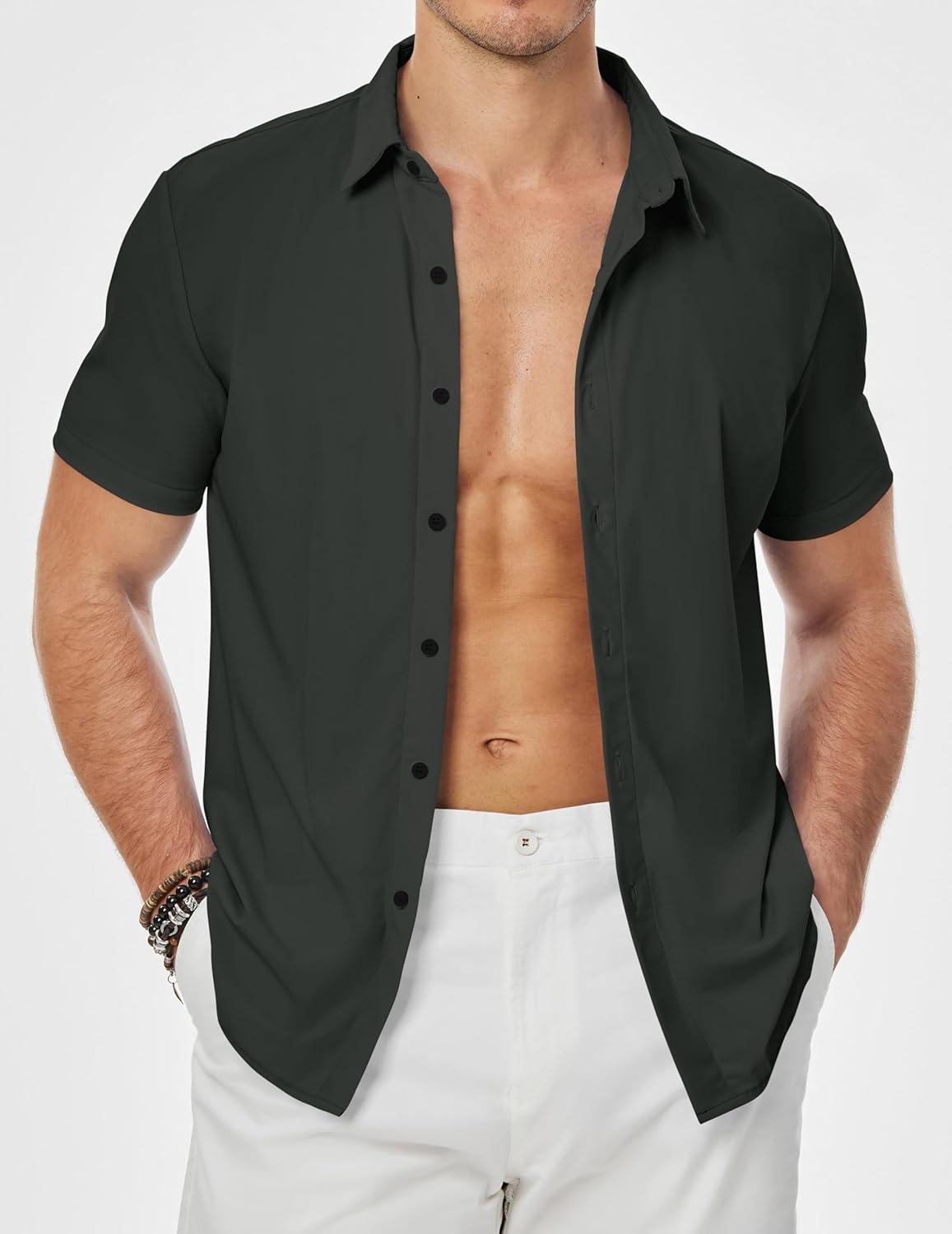 imageJMIERR Mens Muscle Fit Dress Shirts Summer Casual Button Down Short Sleeve High Stretch WrinkleFree ShirtA Dark Grey