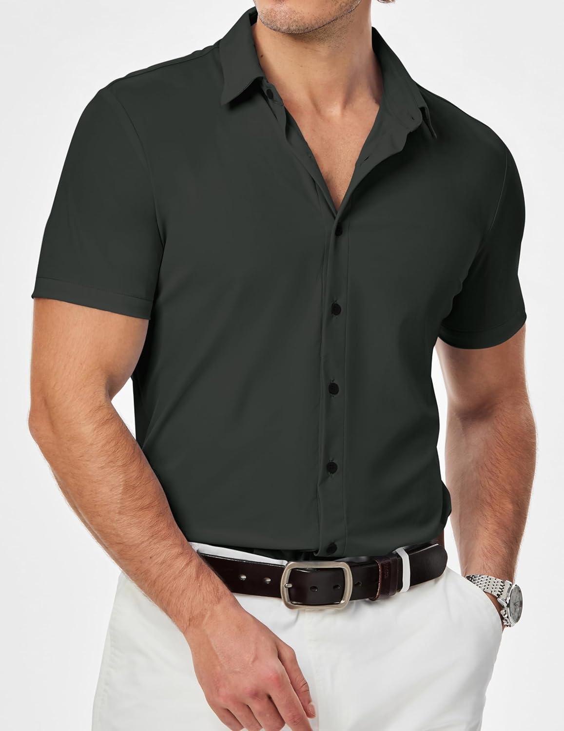 imageJMIERR Mens Muscle Fit Dress Shirts Summer Casual Button Down Short Sleeve High Stretch WrinkleFree ShirtA Dark Grey