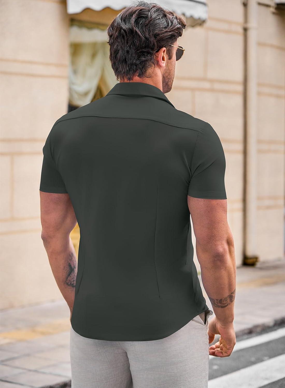 imageJMIERR Mens Muscle Fit Dress Shirts Summer Casual Button Down Short Sleeve High Stretch WrinkleFree ShirtA Dark Grey