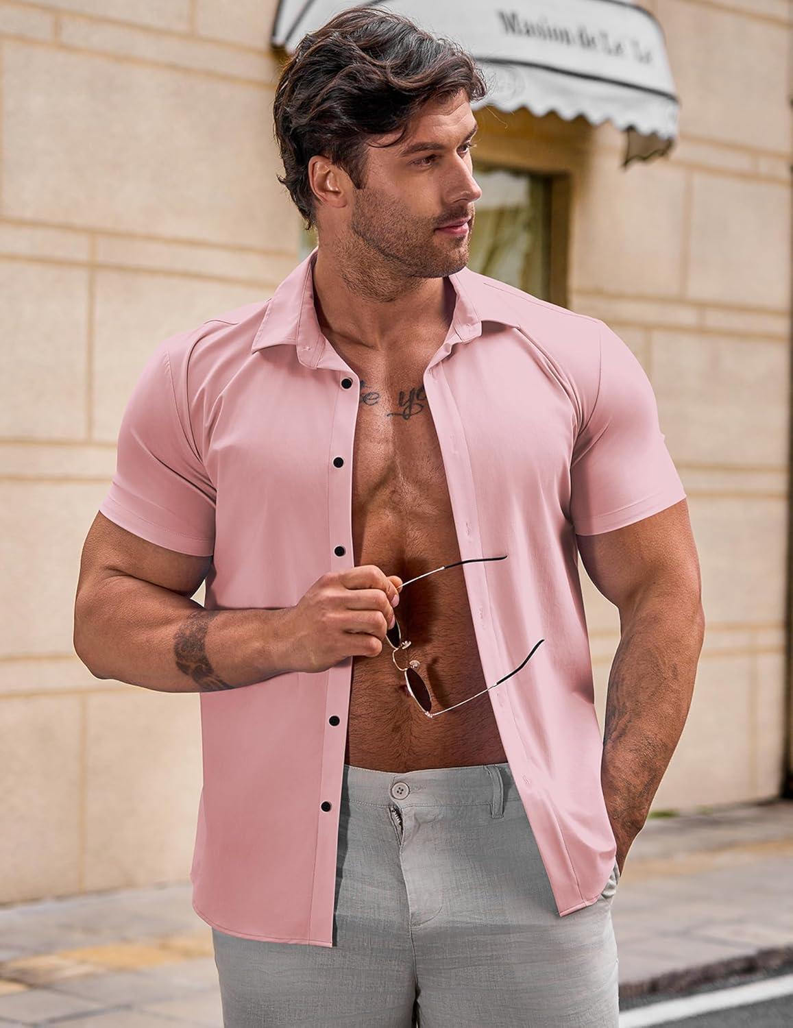 imageJMIERR Mens Muscle Fit Dress Shirts Summer Casual Button Down Short Sleeve High Stretch WrinkleFree ShirtC Pink