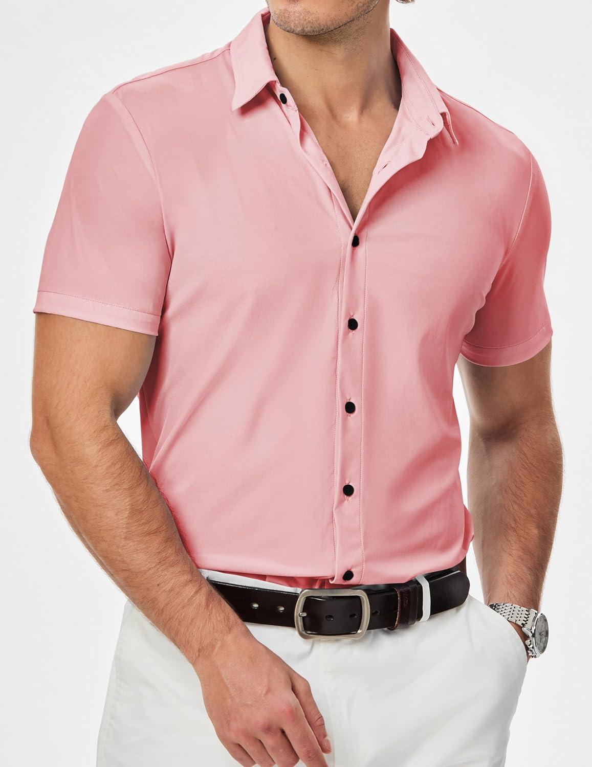 imageJMIERR Mens Muscle Fit Dress Shirts Summer Casual Button Down Short Sleeve High Stretch WrinkleFree ShirtC Pink