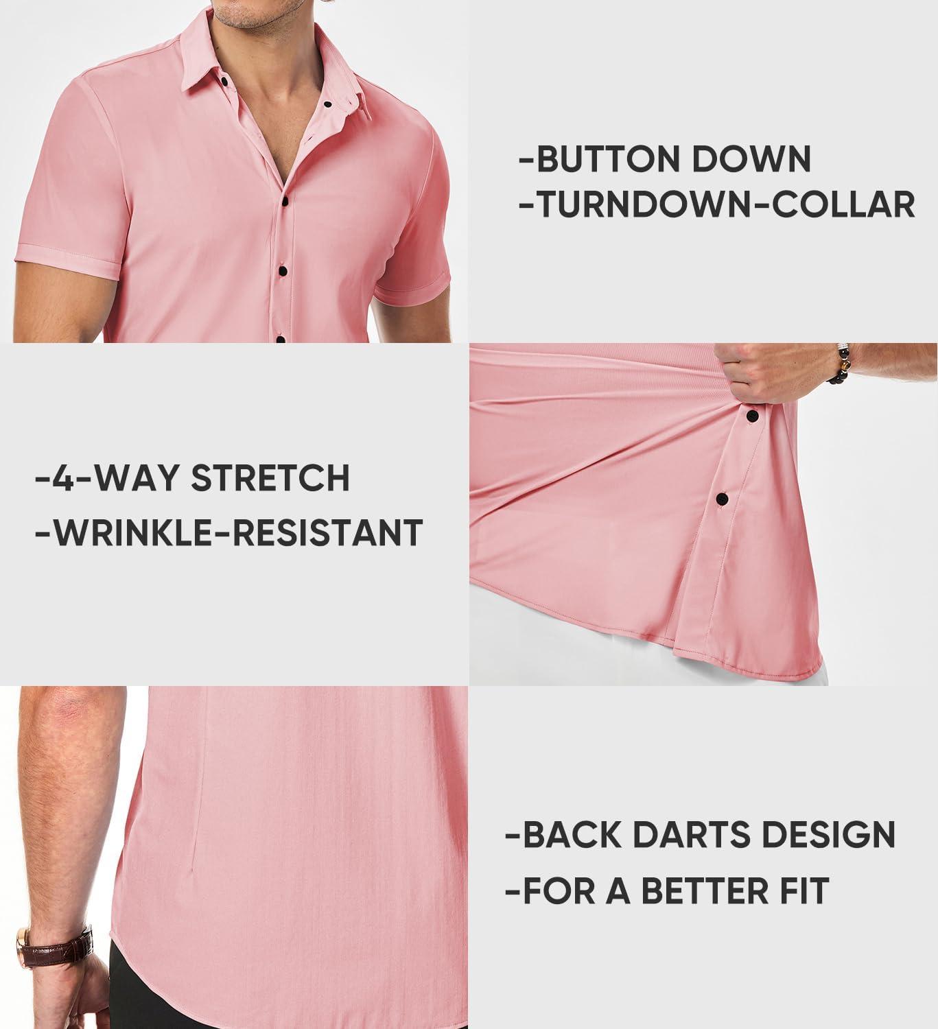 imageJMIERR Mens Muscle Fit Dress Shirts Summer Casual Button Down Short Sleeve High Stretch WrinkleFree ShirtC Pink