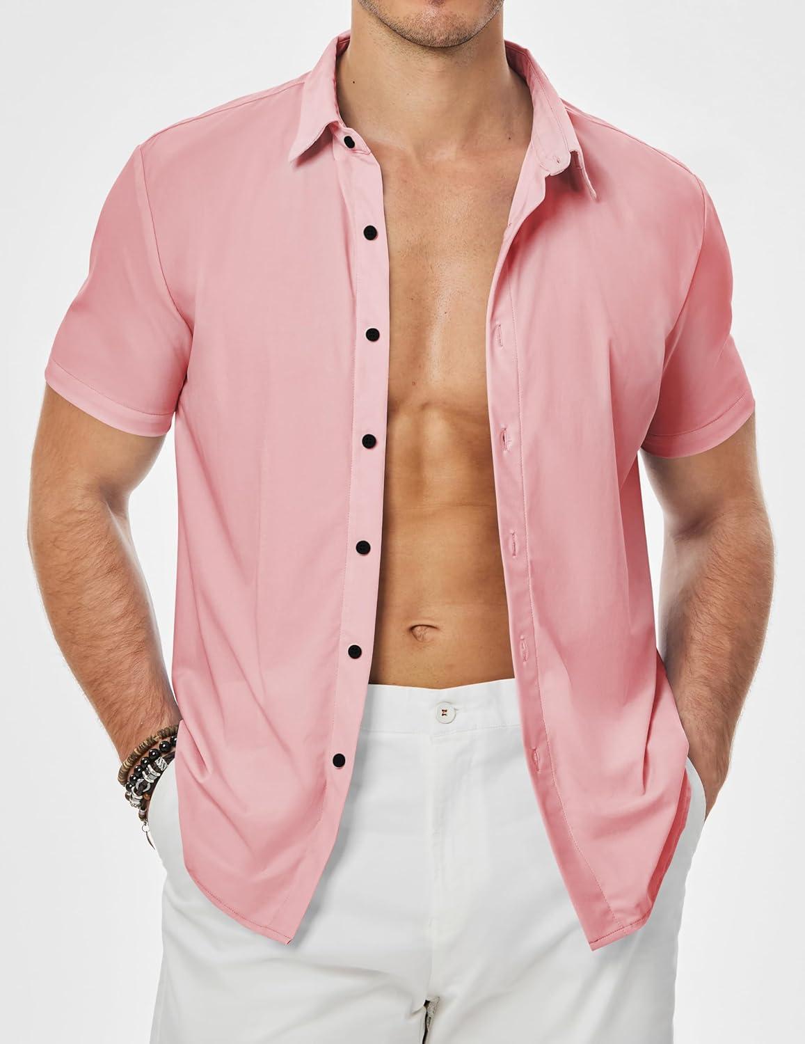 imageJMIERR Mens Muscle Fit Dress Shirts Summer Casual Button Down Short Sleeve High Stretch WrinkleFree ShirtC Pink