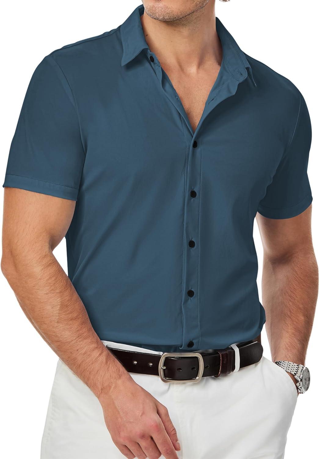 imageJMIERR Mens Muscle Fit Dress Shirts Summer Casual Button Down Short Sleeve High Stretch WrinkleFree ShirtE Blue 2