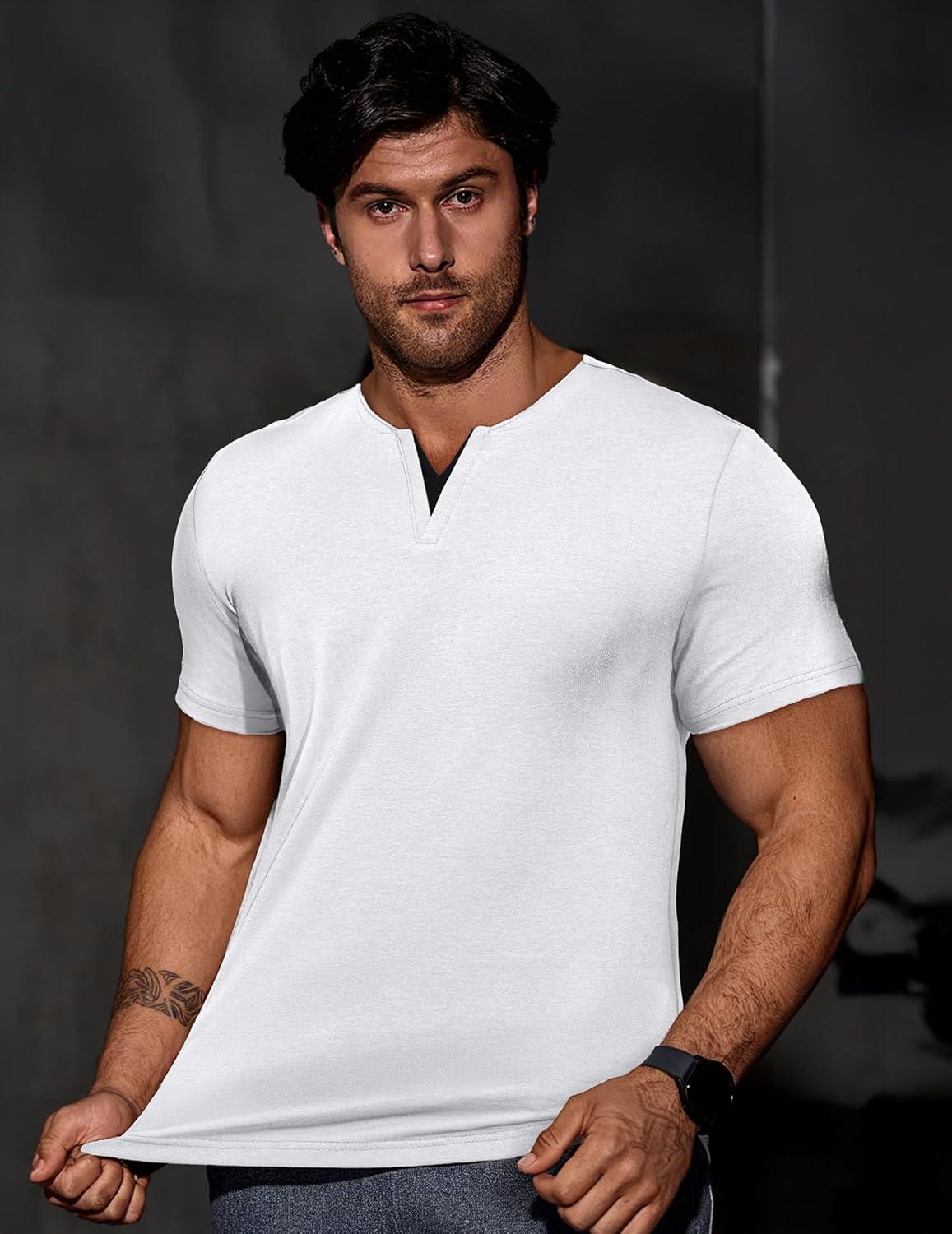 imageJMIERR Mens Muscle Slim T Shirts Summer V Neck Gym Shirt Casual Cotton Workout Athletic Longline Tees0 White