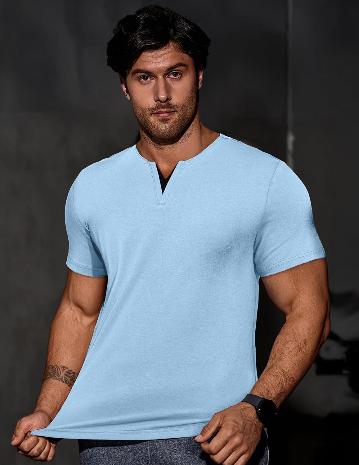 imageJMIERR Mens Muscle Slim T Shirts Summer V Neck Gym Shirt Casual Cotton Workout Athletic Longline TeesA Blue