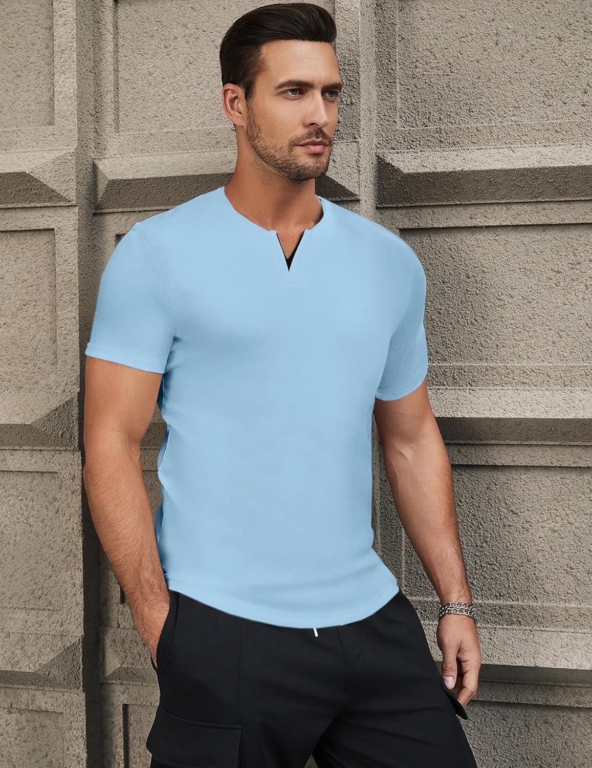 imageJMIERR Mens Muscle Slim T Shirts Summer V Neck Gym Shirt Casual Cotton Workout Athletic Longline TeesA Blue