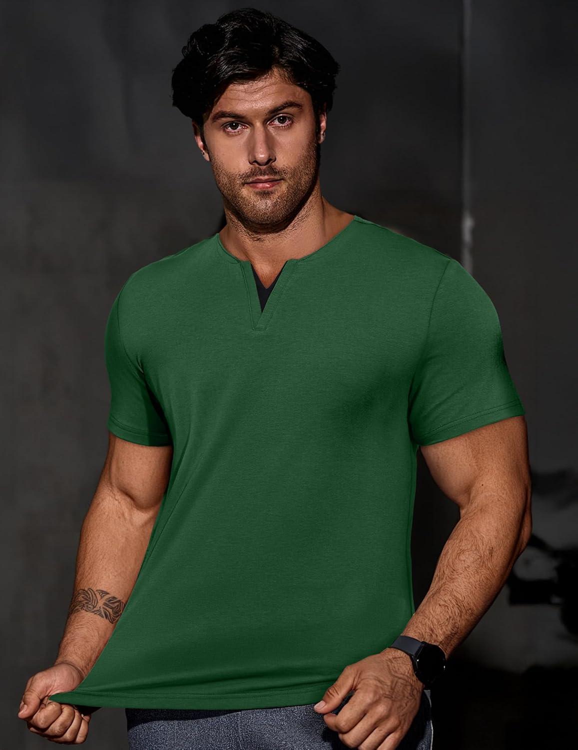 imageJMIERR Mens Muscle Slim T Shirts Summer V Neck Gym Shirt Casual Cotton Workout Athletic Longline TeesD Dark Green