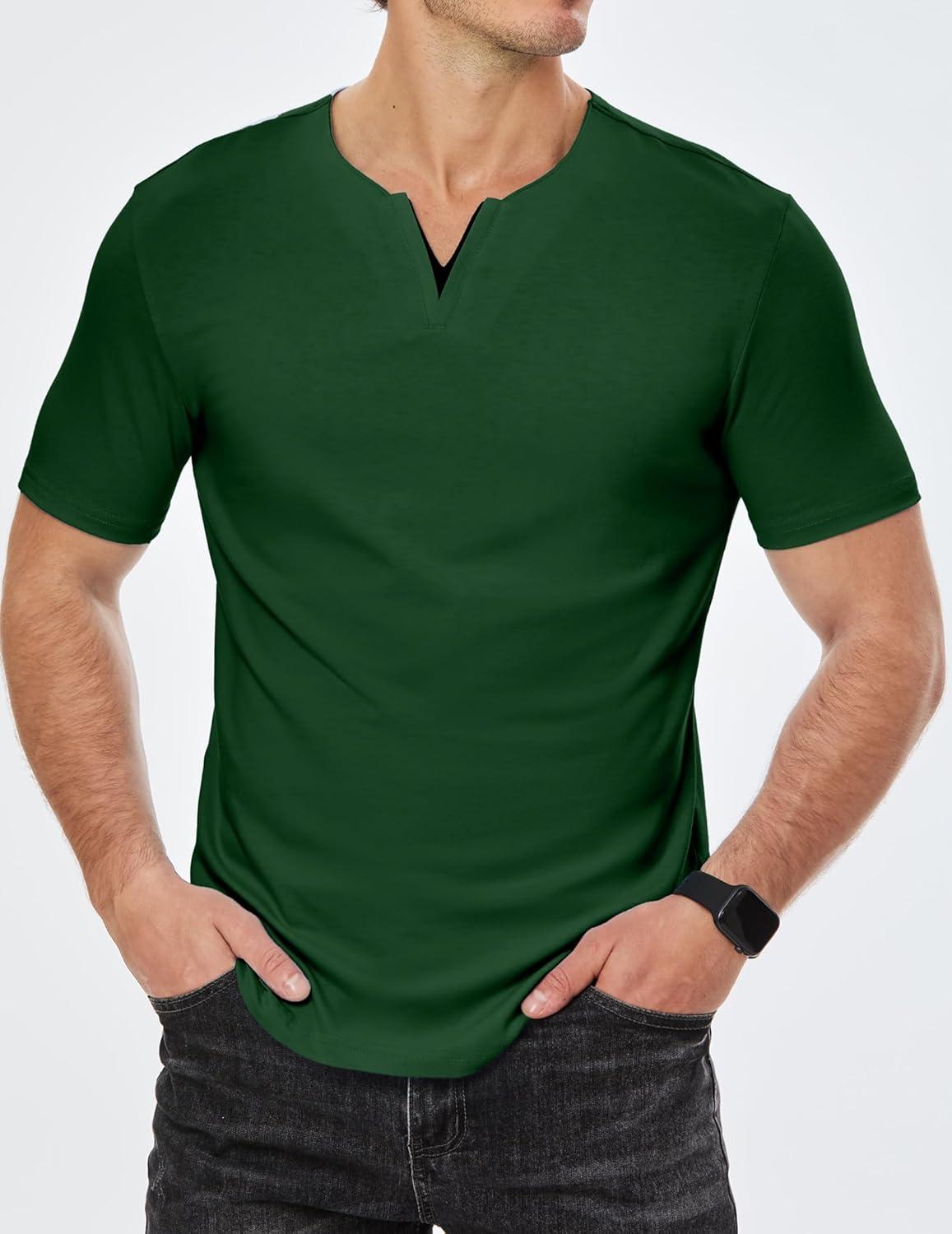 imageJMIERR Mens Muscle Slim T Shirts Summer V Neck Gym Shirt Casual Cotton Workout Athletic Longline TeesD Dark Green