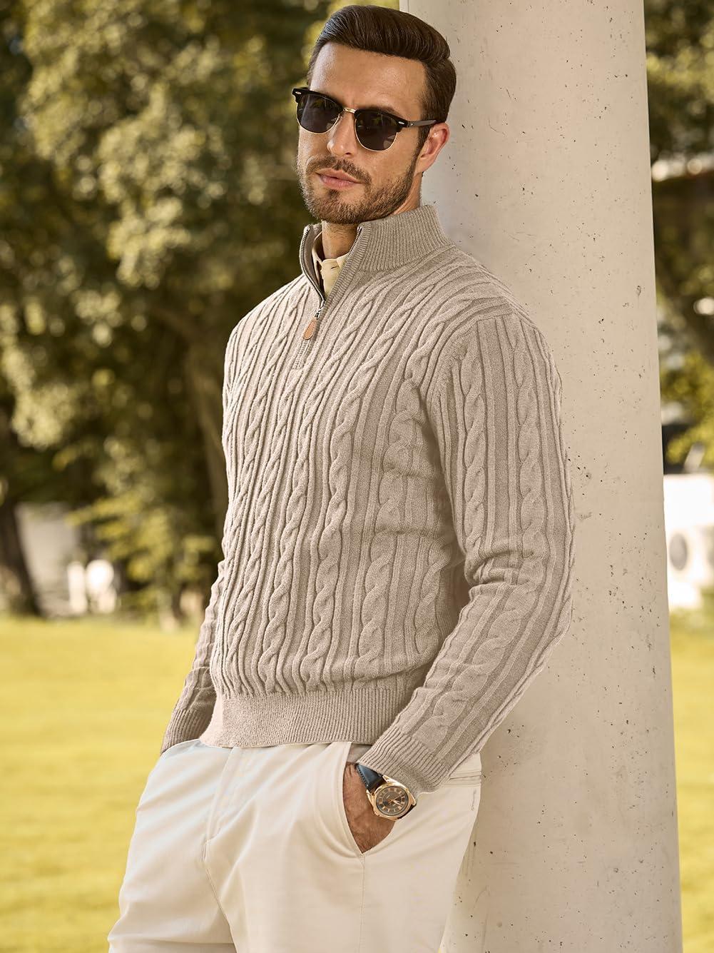 imageJMIERR Mens Quarter Zip Pullover Sweater Cable Knit Casual Stand Collar Texture Knitted SweatersBeige