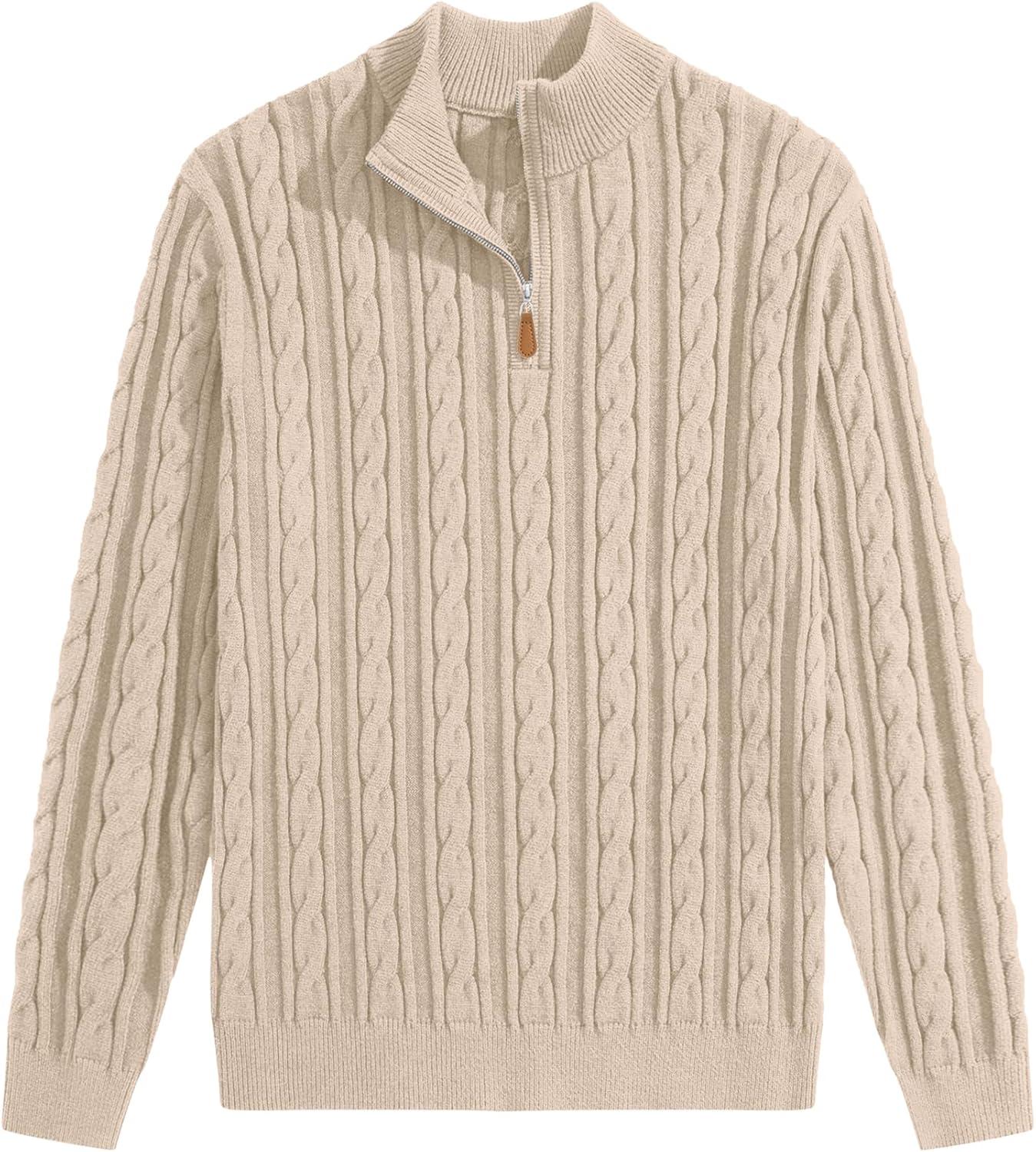 imageJMIERR Mens Quarter Zip Pullover Sweater Cable Knit Casual Stand Collar Texture Knitted SweatersBeige